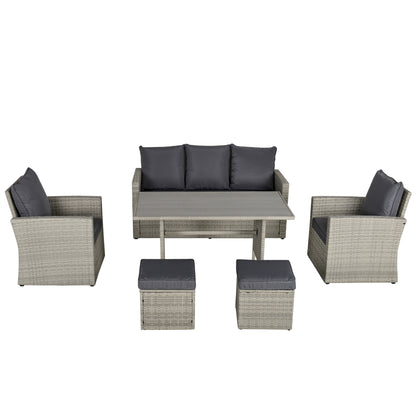 Outsunny 6 Pieces Wicker Patio Dining Set with Cushions, Outdoor Dining Table and Chairs with PE Rattan Sofa Chair, Three-seater Sofa, Plastic Wood Top Dining Table, Grey