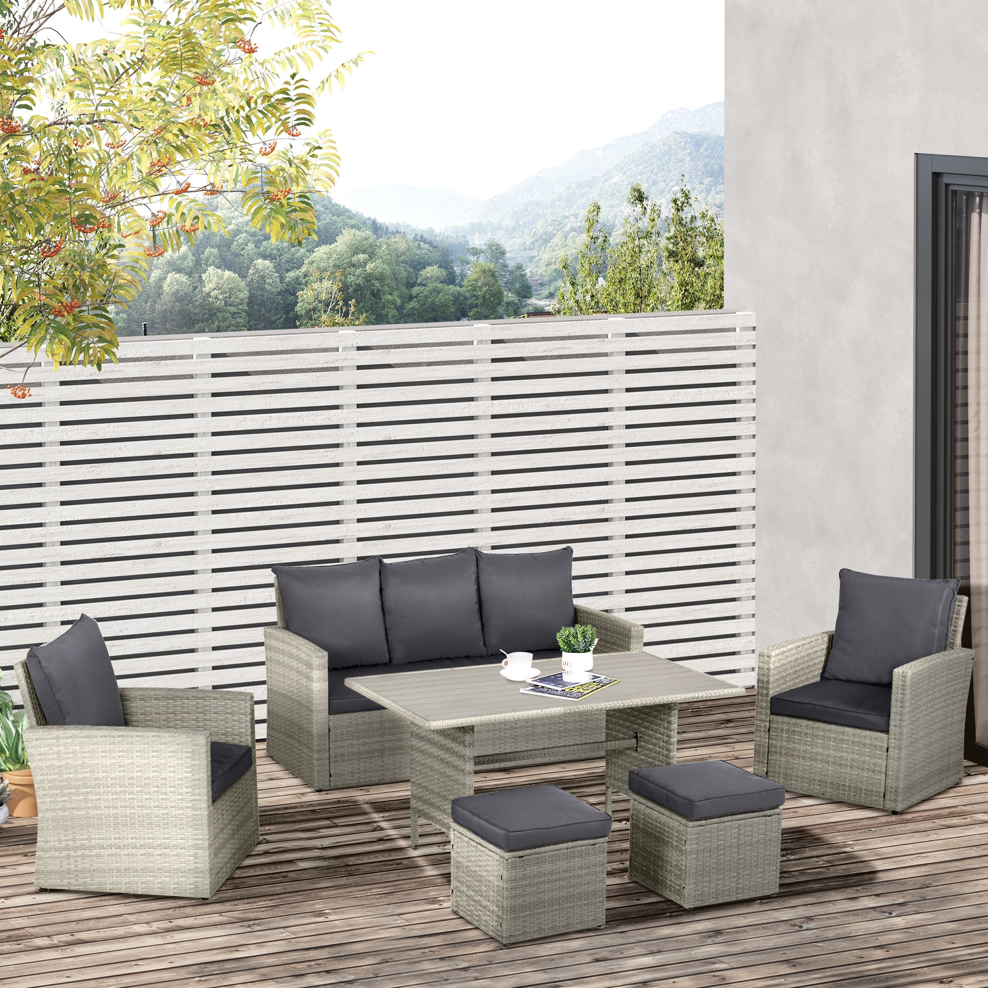 Outsunny 6 Pieces Wicker Patio Dining Set with Cushions, Outdoor Dining Table and Chairs with PE Rattan Sofa Chair, Three-seater Sofa, Plastic Wood Top Dining Table, Grey
