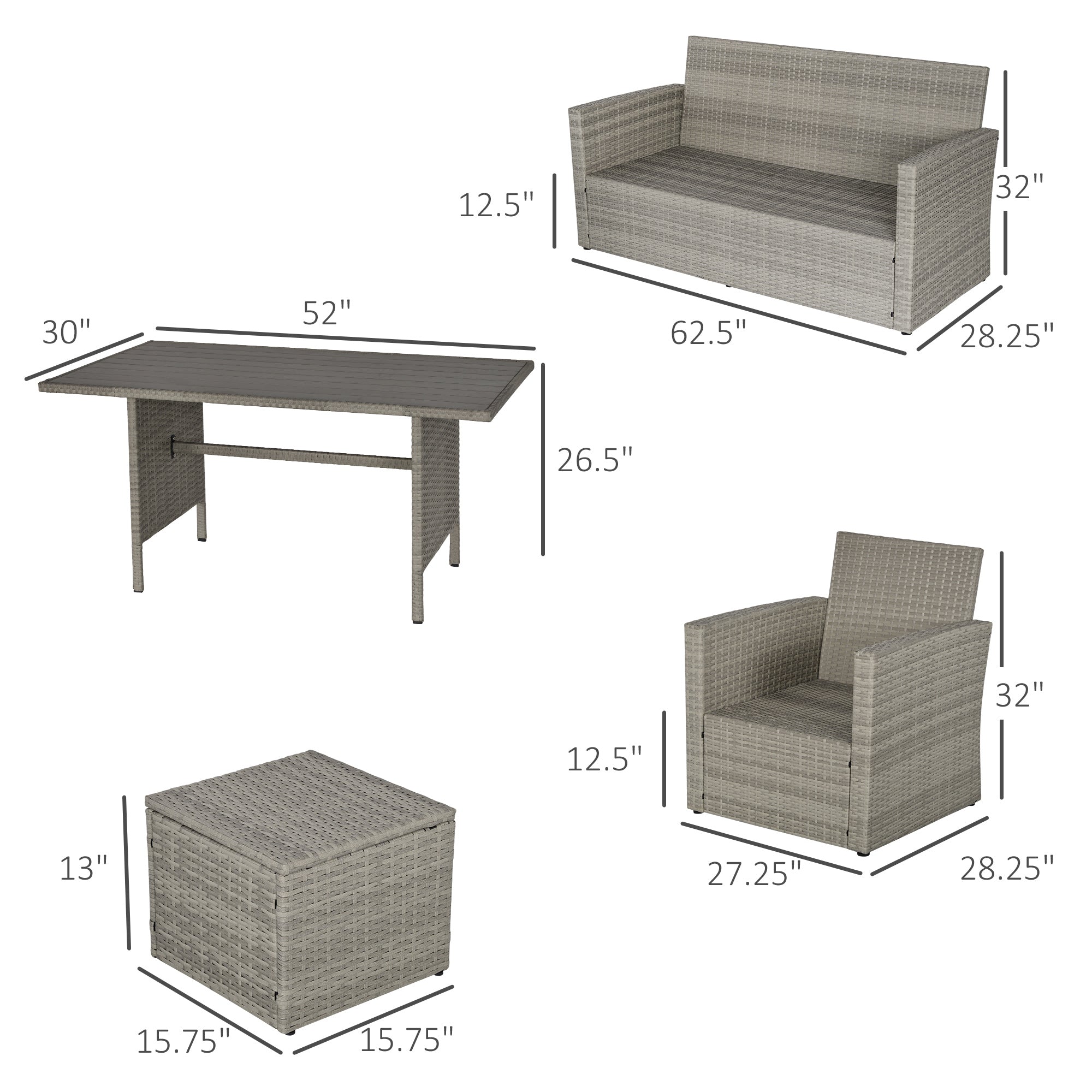 Outsunny 6 Pieces Wicker Patio Dining Set with Cushions, Outdoor Dining Table and Chairs with PE Rattan Sofa Chair, Three-seater Sofa, Plastic Wood Top Dining Table, Grey