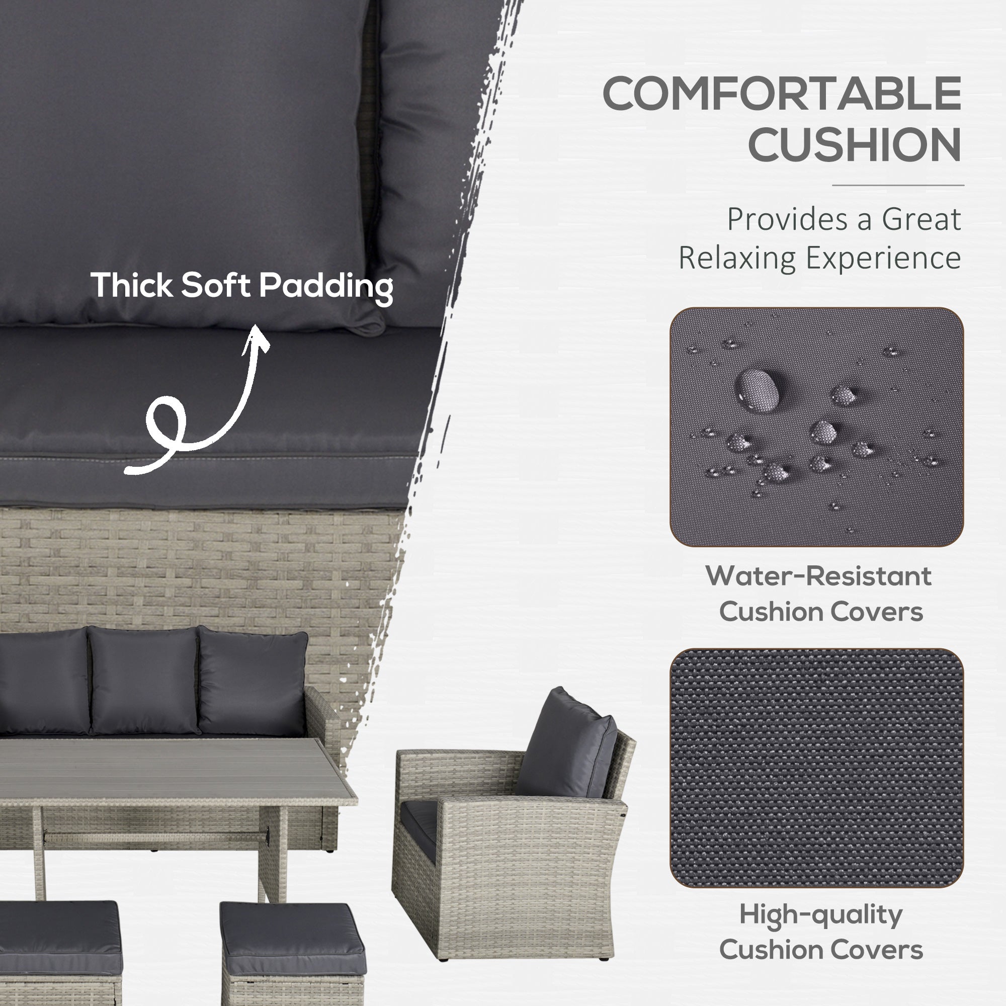 Outsunny 6 Pieces Wicker Patio Dining Set with Cushions, Outdoor Dining Table and Chairs with PE Rattan Sofa Chair, Three-seater Sofa, Plastic Wood Top Dining Table, Grey