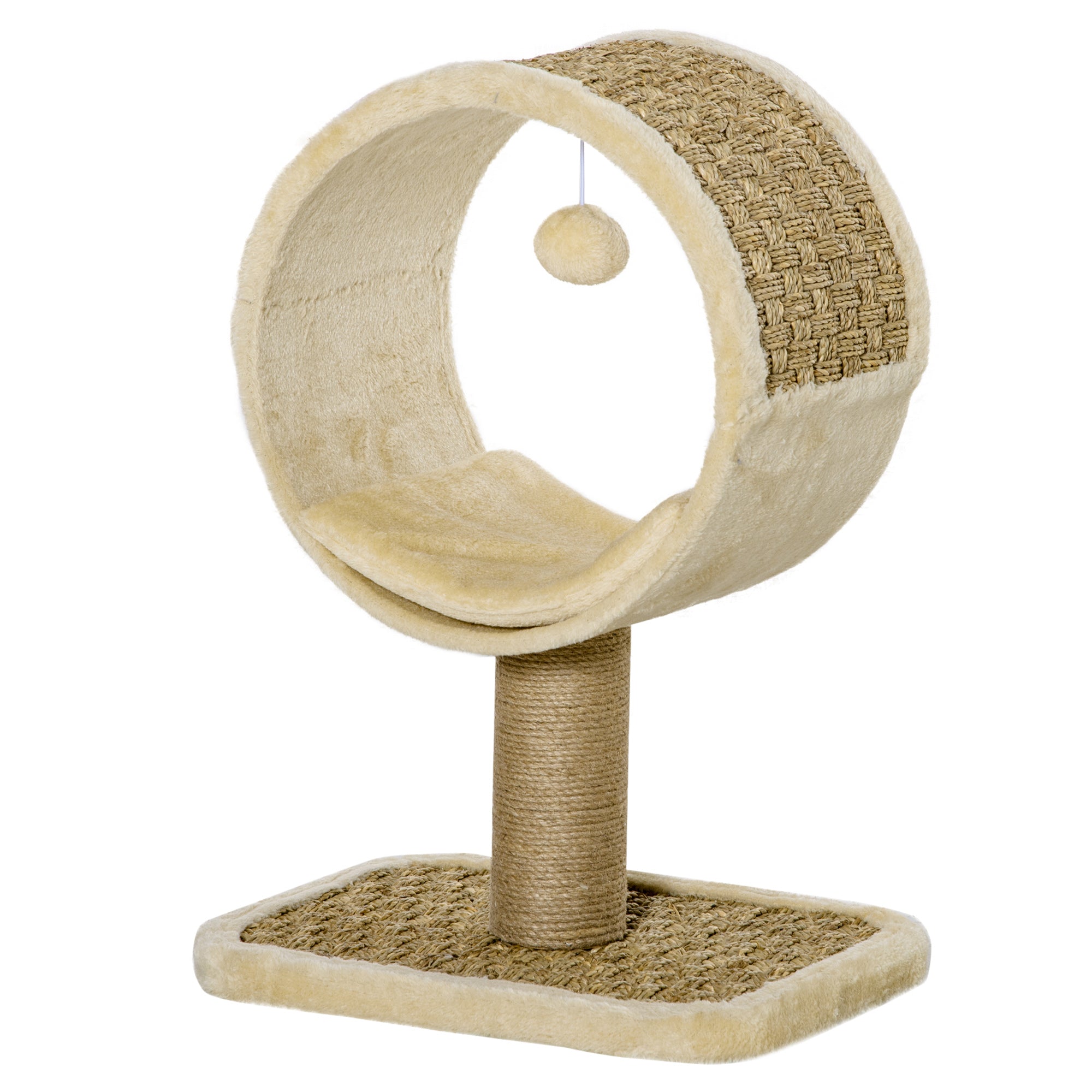 PawHut 56cm Small Cat Tree for Indoor Cats with Scratching Post, Kitten Tower with Tunnel, Toy Ball, Cushion - Beige