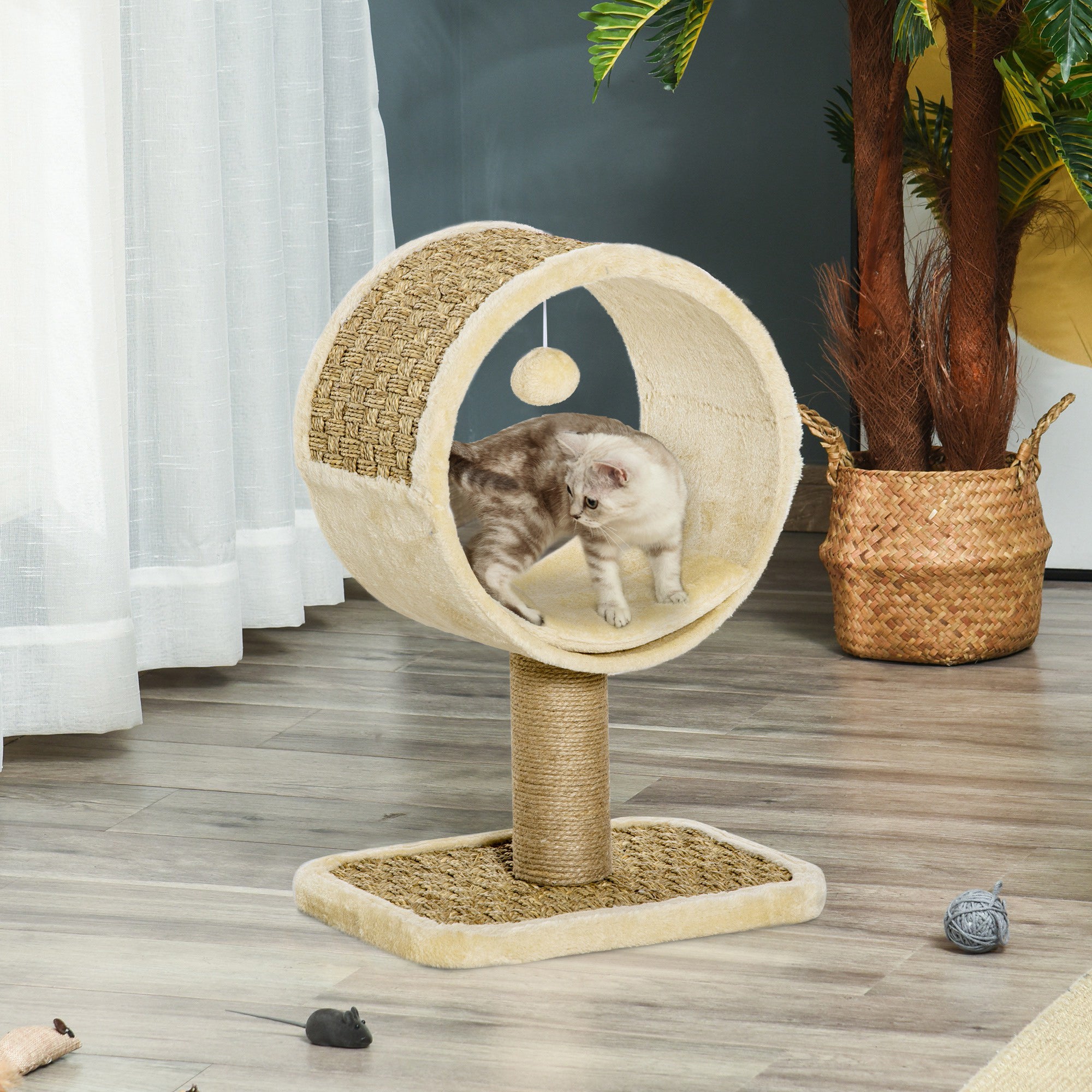 PawHut 56cm Small Cat Tree for Indoor Cats with Scratching Post, Kitten Tower with Tunnel, Toy Ball, Cushion - Beige