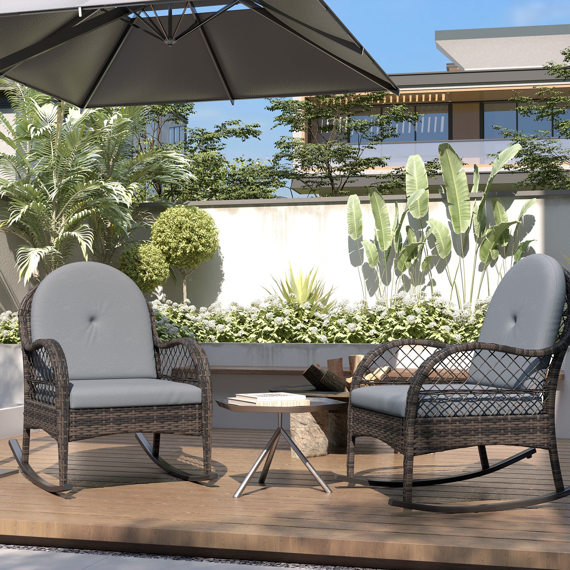 Outsunny Wicker Outdoor Rocking Chair Set of 2, Rattan Patio Rocking Chairs with Cushions and Curved Armrests, Indoor Outdoor Rocker for Porch, Backyard, Poolside, Grey
