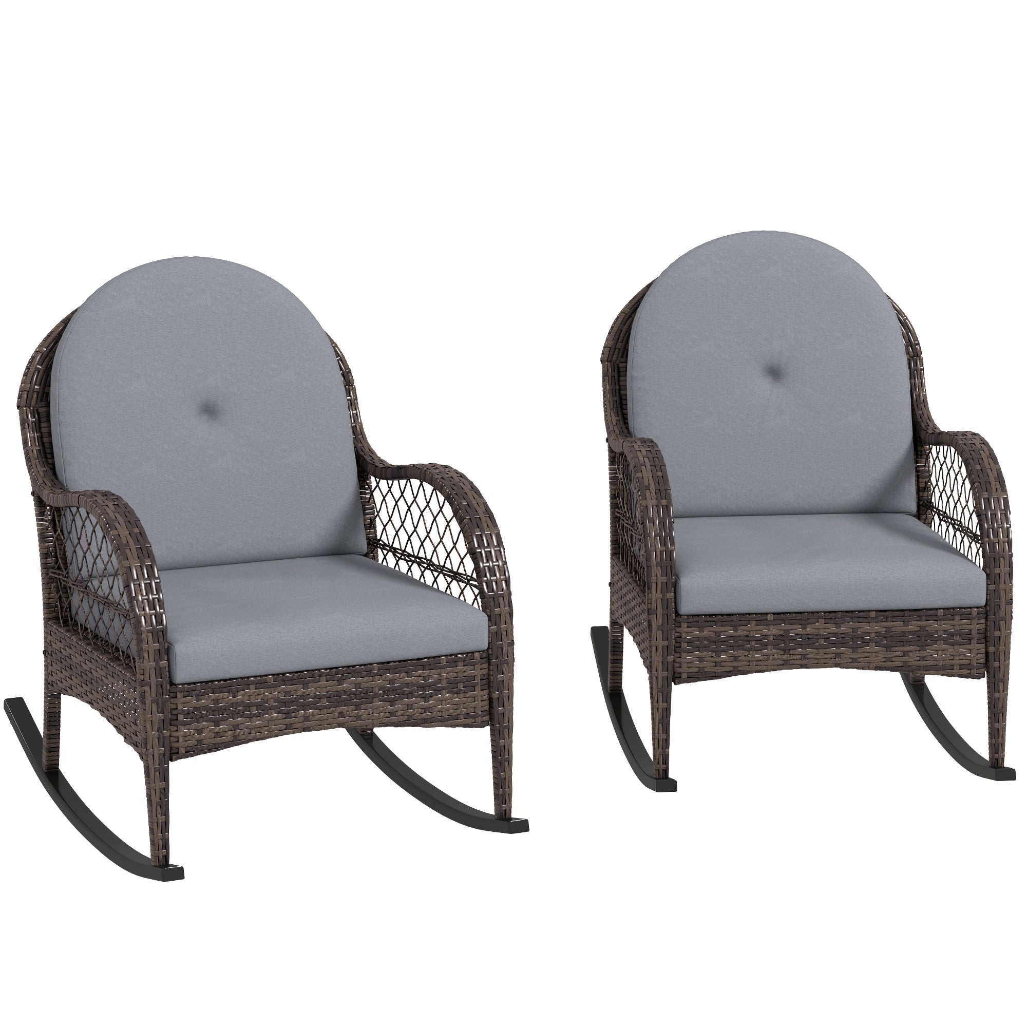 Outsunny Wicker Outdoor Rocking Chair Set of 2, Rattan Patio Rocking Chairs with Cushions and Curved Armrests, Indoor Outdoor Rocker for Porch, Backyard, Poolside, Grey