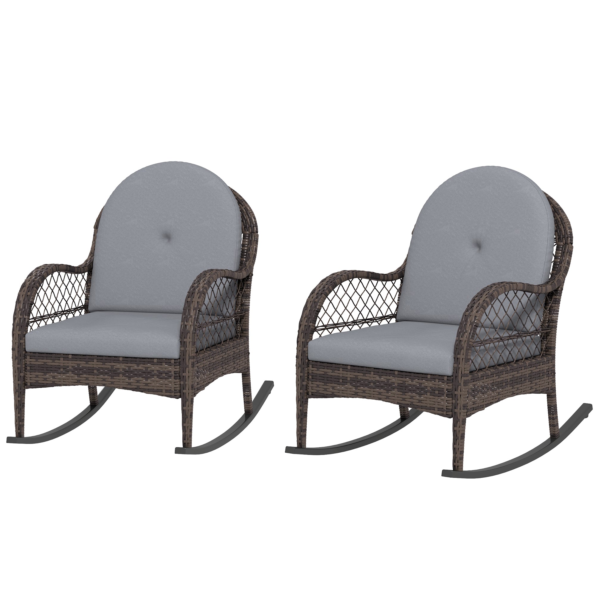 Outsunny Wicker Outdoor Rocking Chair Set of 2, Rattan Patio Rocking Chairs with Cushions and Curved Armrests, Indoor Outdoor Rocker for Porch, Backyard, Poolside, Grey