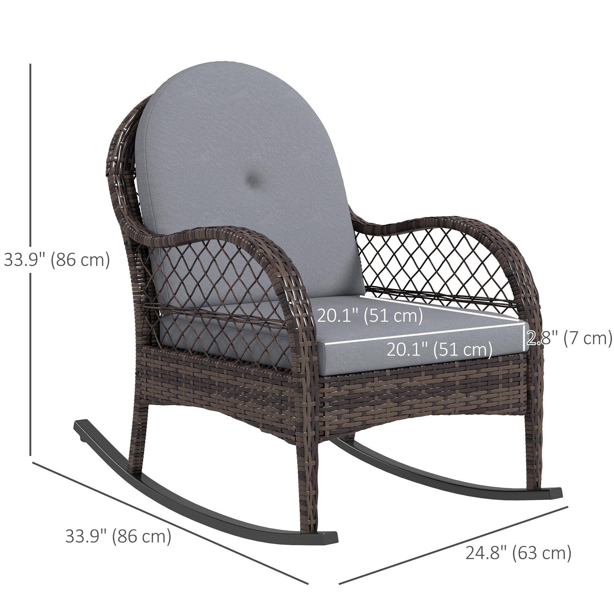 Outsunny Wicker Outdoor Rocking Chair Set of 2, Rattan Patio Rocking Chairs with Cushions and Curved Armrests, Indoor Outdoor Rocker for Porch, Backyard, Poolside, Grey