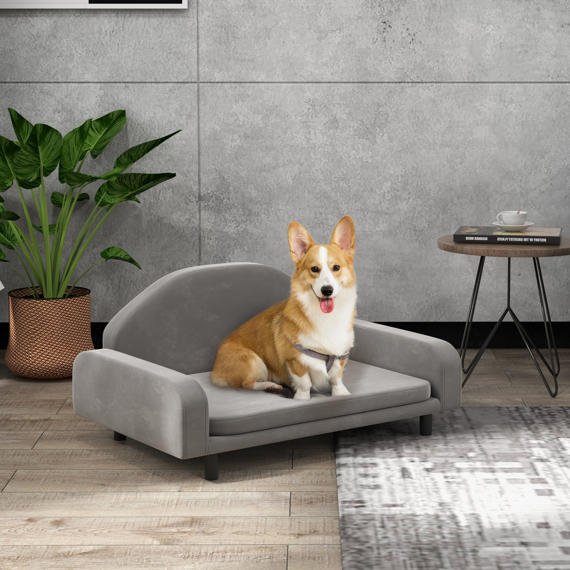 PawHut Raised Dog Sofa, Elevated Pet Sofa for Small and Medium Dogs, with Soft Cushion, Removable Cover, Anti-Slip Pads, Gray