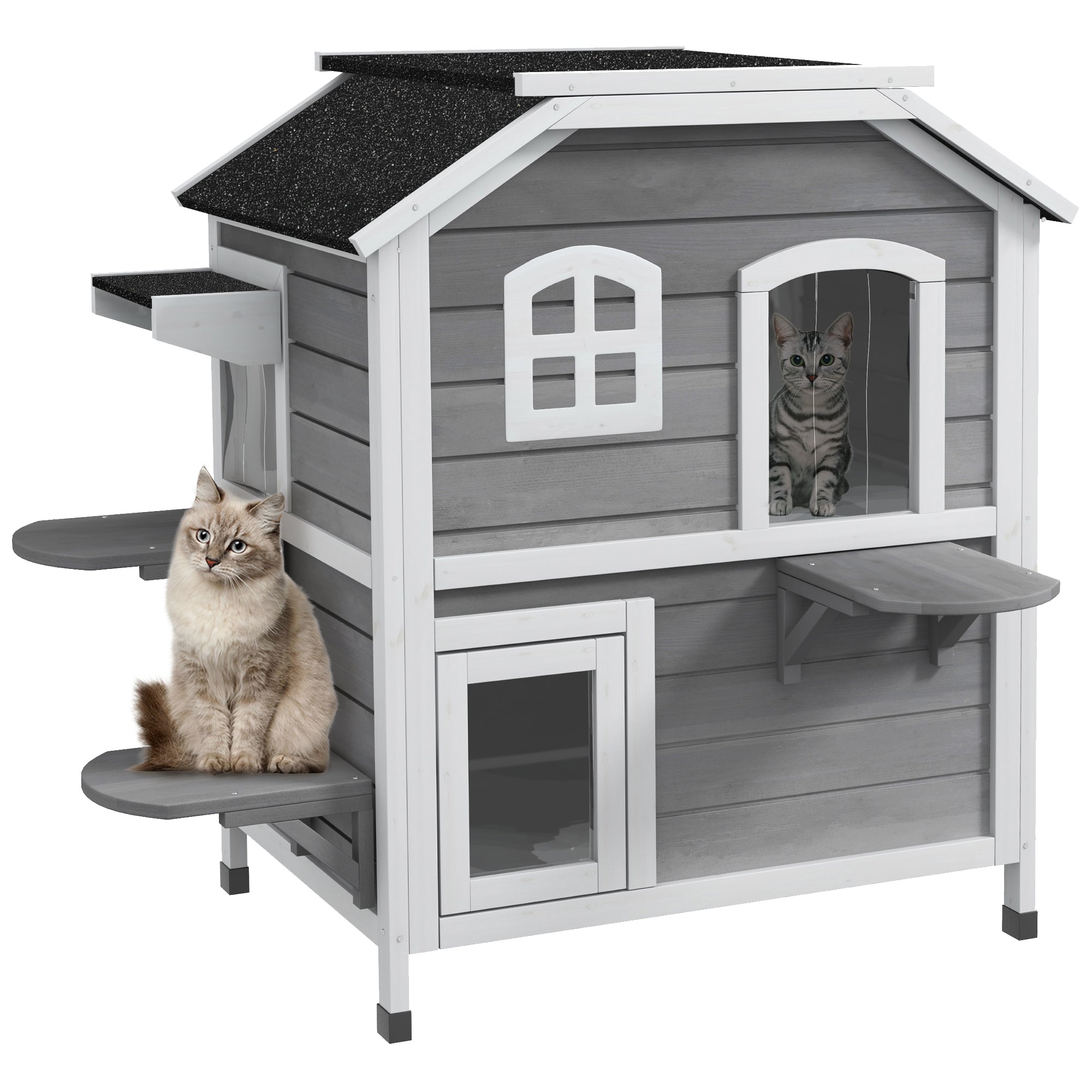 PawHut Outdoor Cat House 2-Storey Wooden Catio for Feral Cats with Openable Roof, Lounge Space, Fun Entrances, Grey