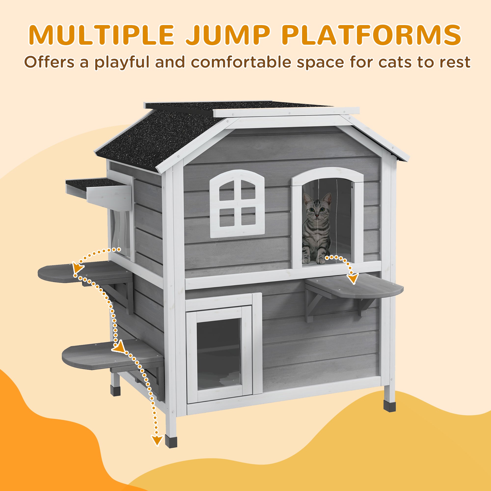 PawHut Outdoor Cat House 2-Storey Wooden Catio for Feral Cats with Openable Roof, Lounge Space, Fun Entrances, Grey