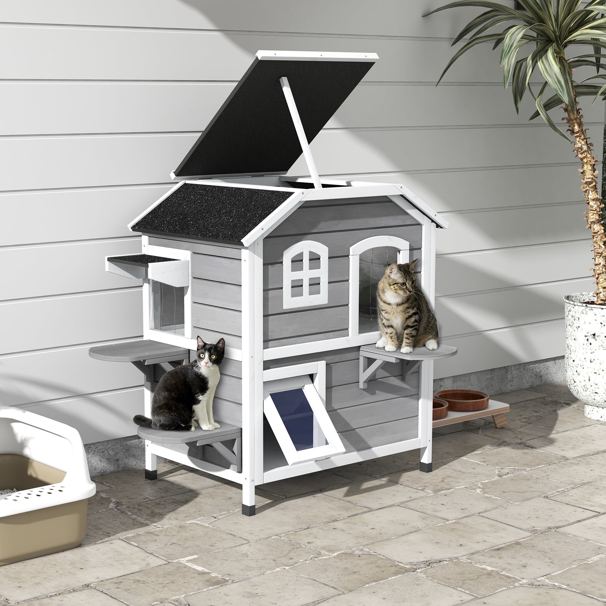 PawHut Outdoor Cat House 2-Storey Wooden Catio for Feral Cats with Openable Roof, Lounge Space, Fun Entrances, Grey