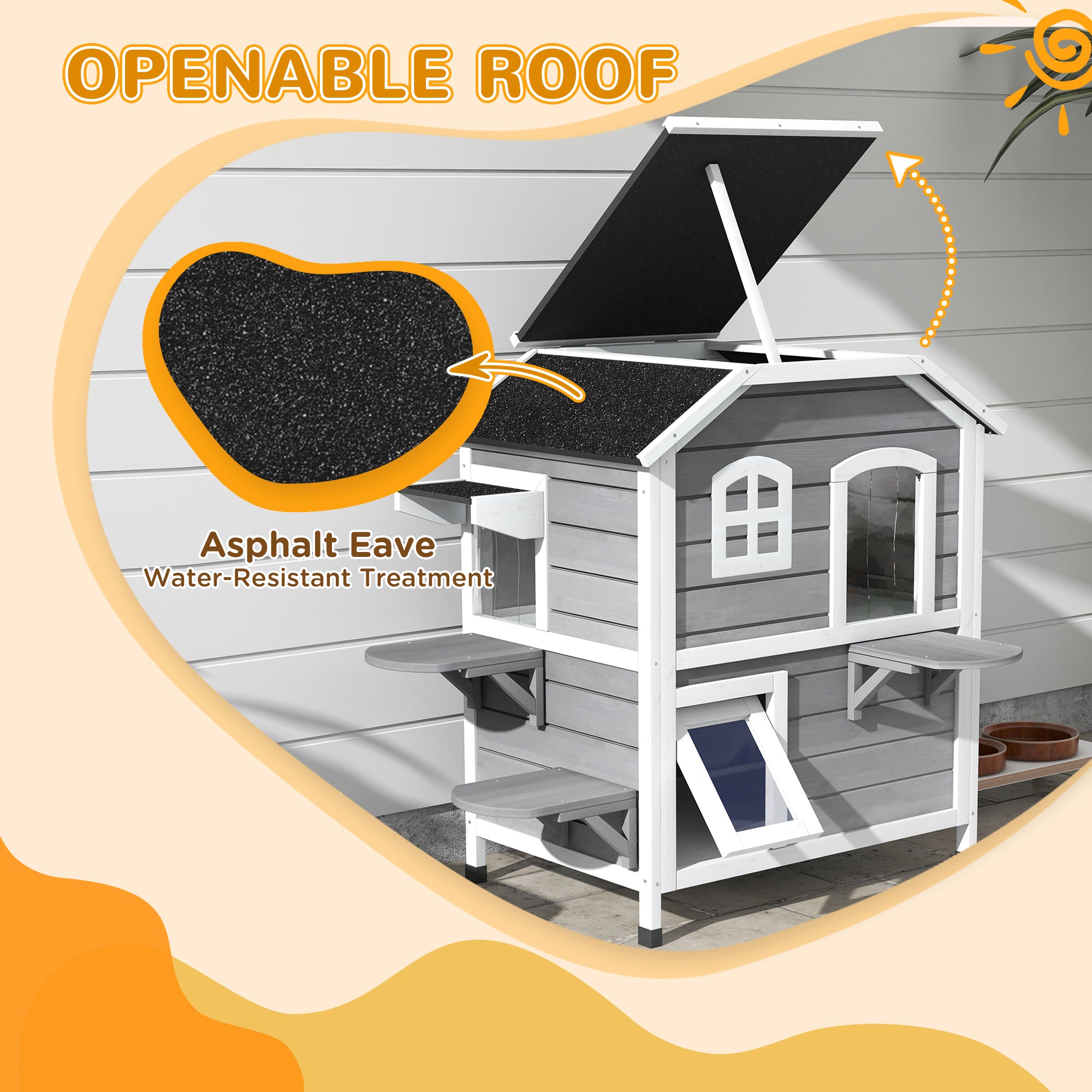 PawHut Outdoor Cat House 2-Storey Wooden Catio for Feral Cats with Openable Roof, Lounge Space, Fun Entrances, Grey