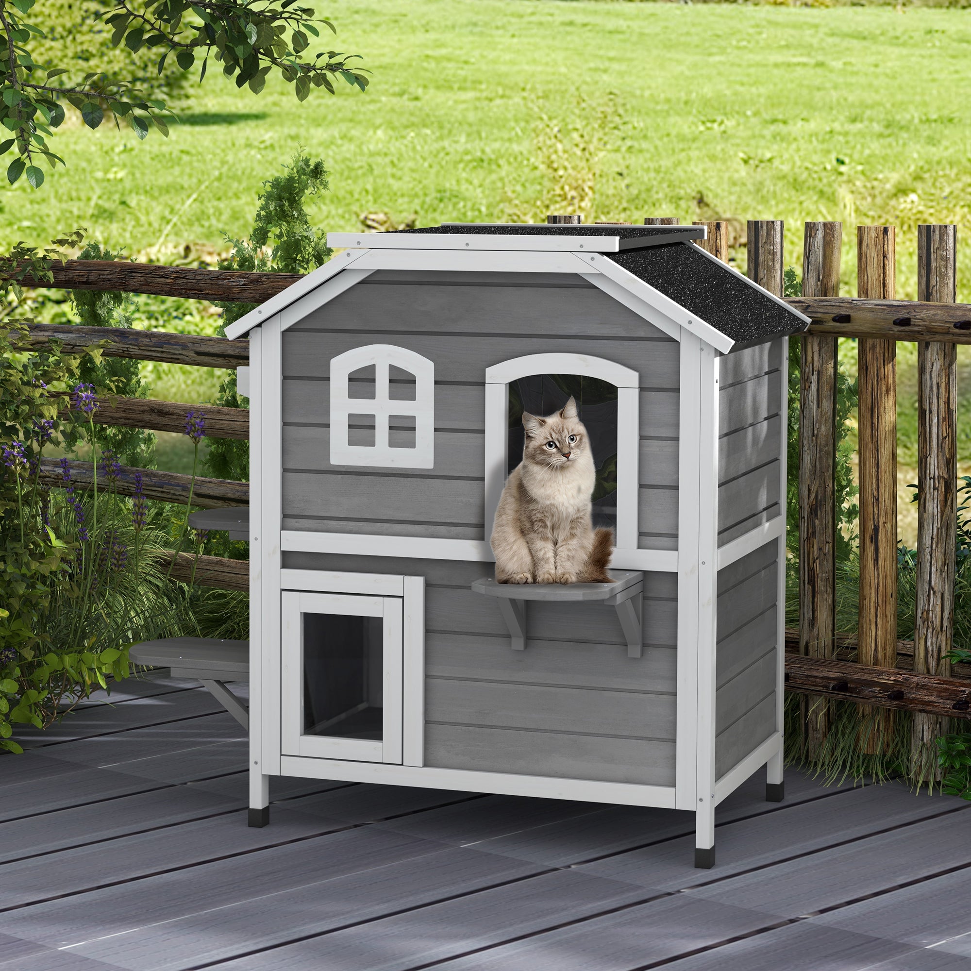 PawHut Outdoor Cat House 2-Storey Wooden Catio for Feral Cats with Openable Roof, Lounge Space, Fun Entrances, Grey