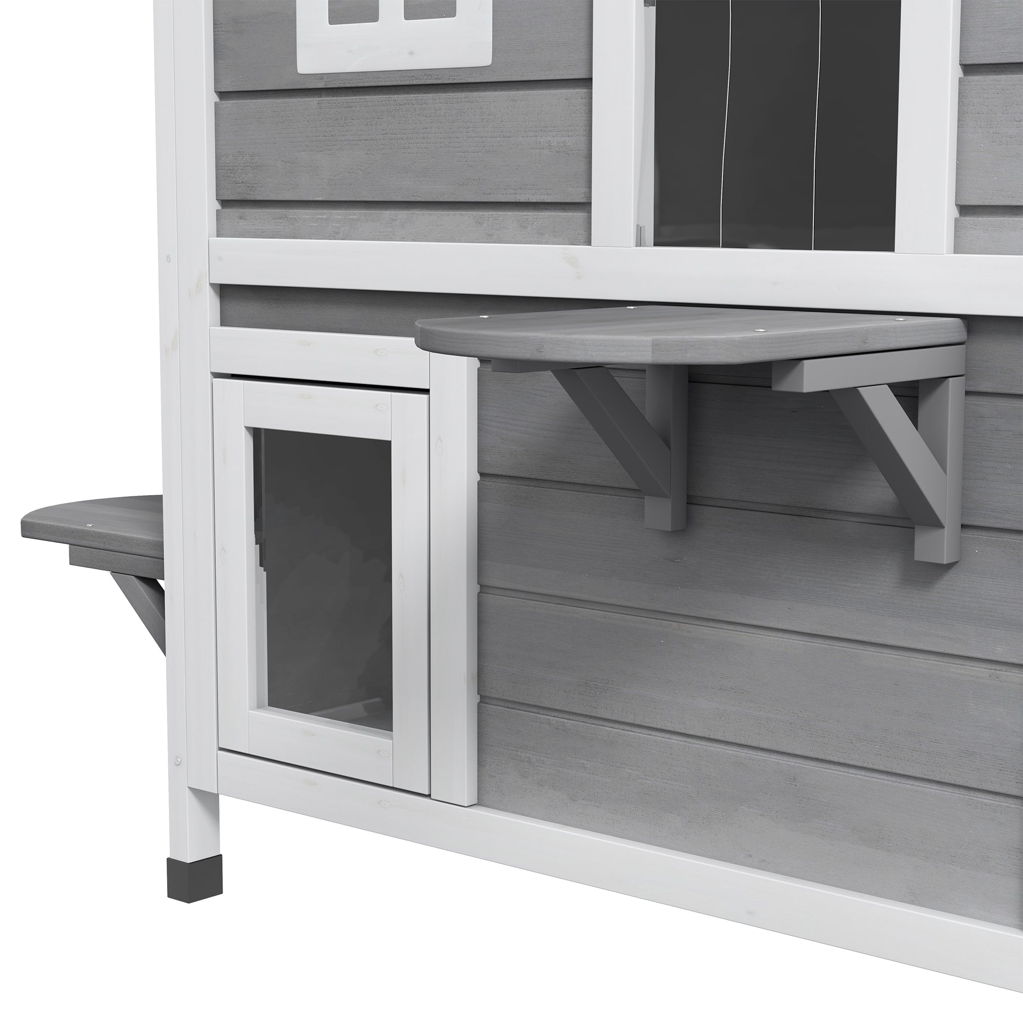 PawHut Outdoor Cat House 2-Storey Wooden Catio for Feral Cats with Openable Roof, Lounge Space, Fun Entrances, Grey