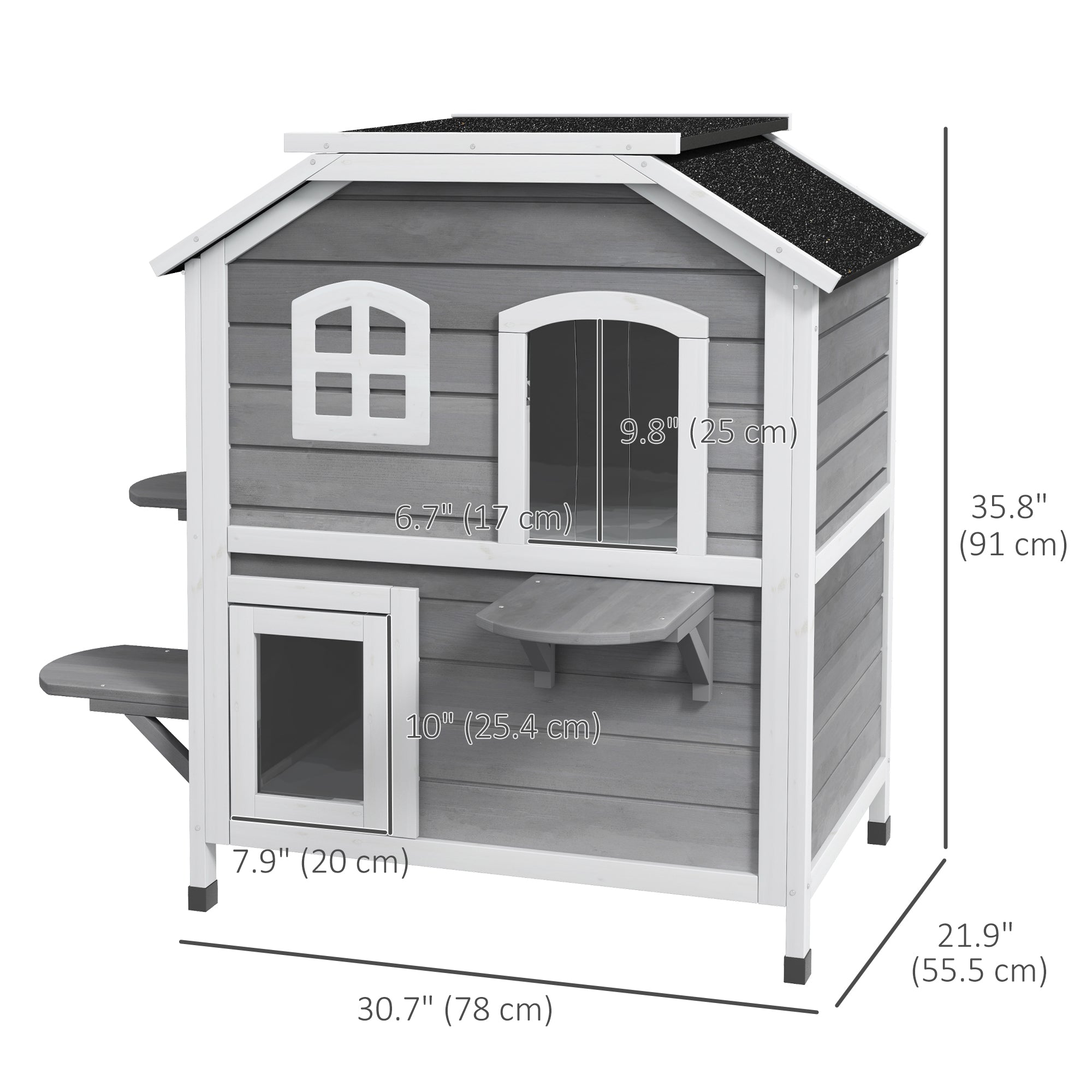 PawHut Outdoor Cat House 2-Storey Wooden Catio for Feral Cats with Openable Roof, Lounge Space, Fun Entrances, Grey