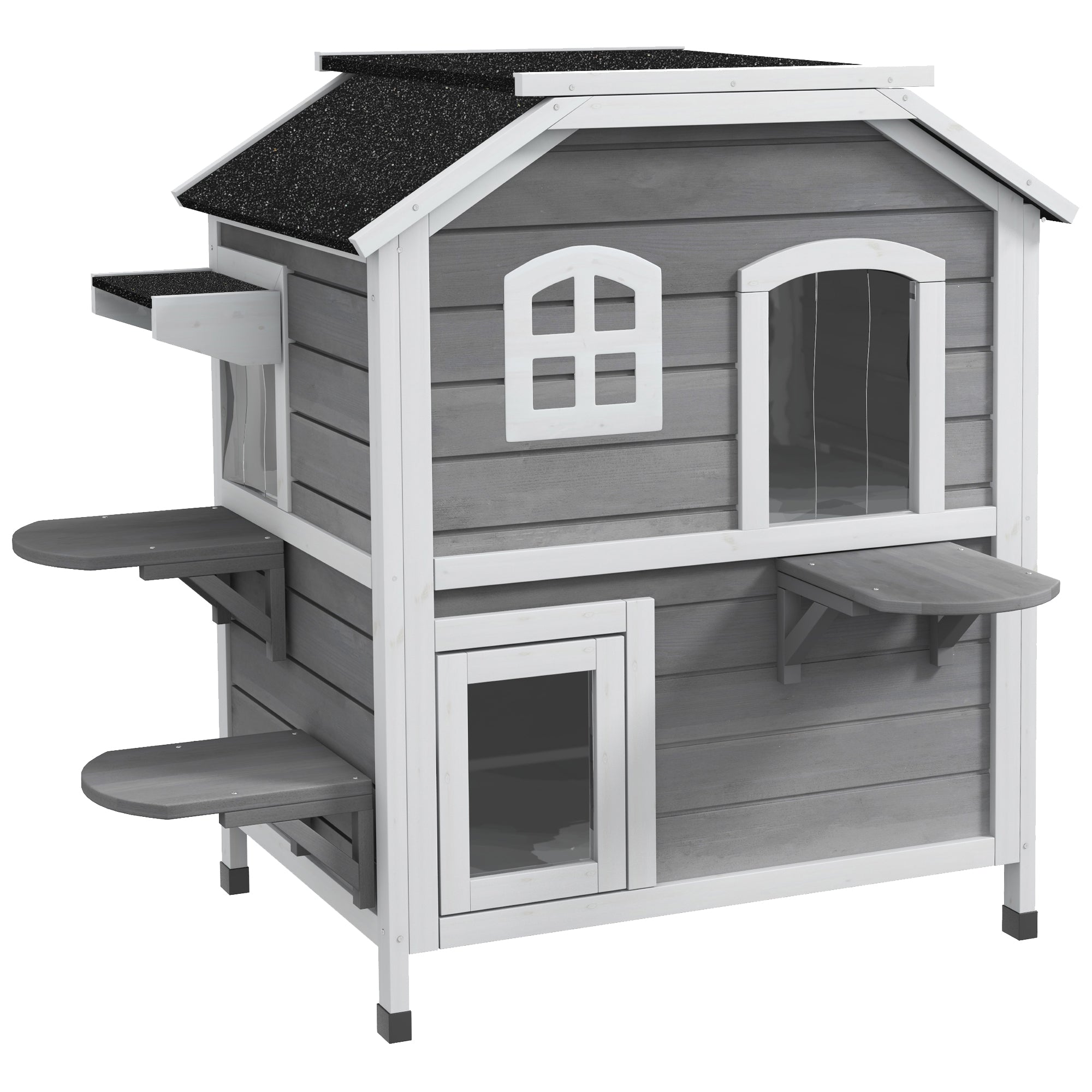 PawHut Outdoor Cat House 2-Storey Wooden Catio for Feral Cats with Openable Roof, Lounge Space, Fun Entrances, Grey