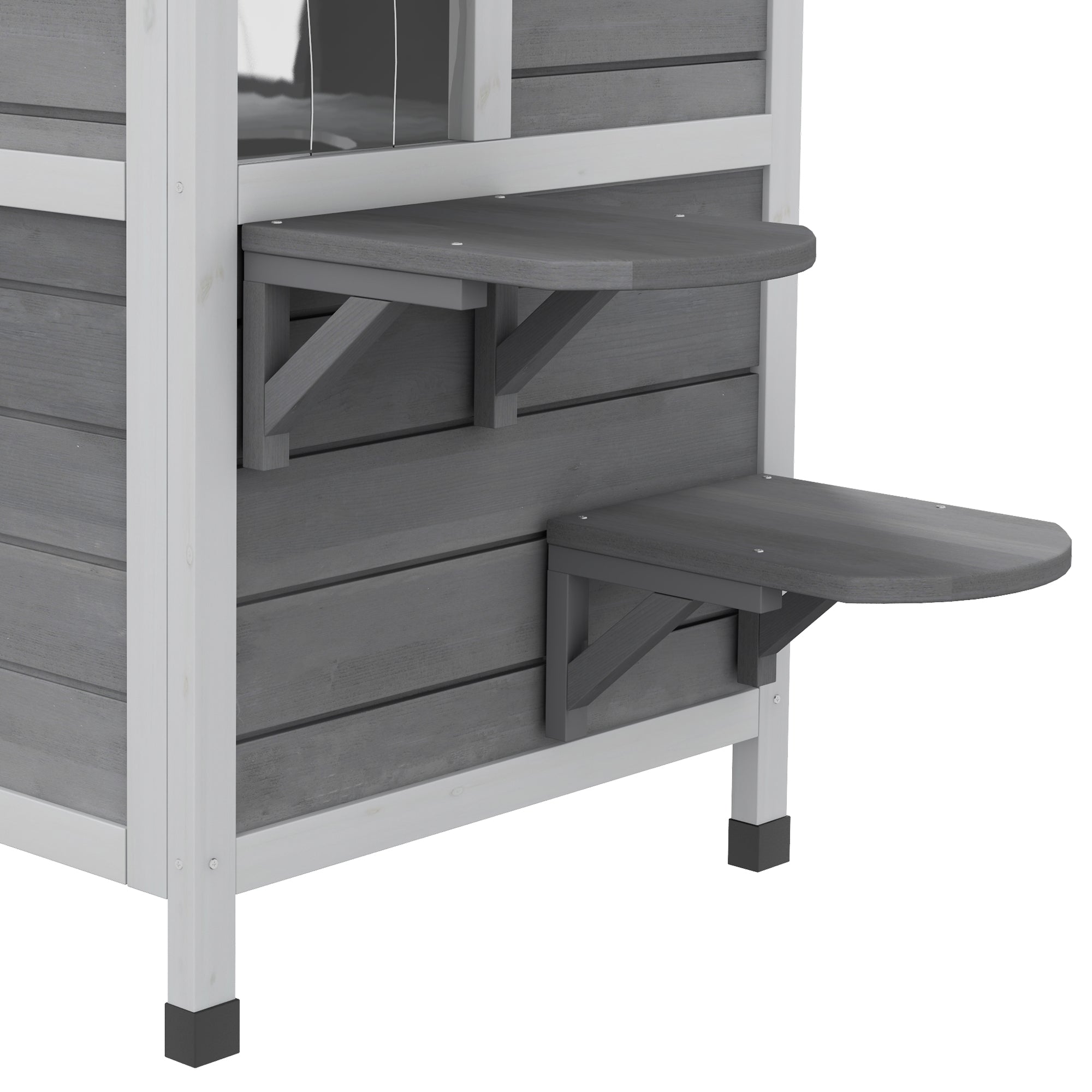PawHut Outdoor Cat House 2-Storey Wooden Catio for Feral Cats with Openable Roof, Lounge Space, Fun Entrances, Grey