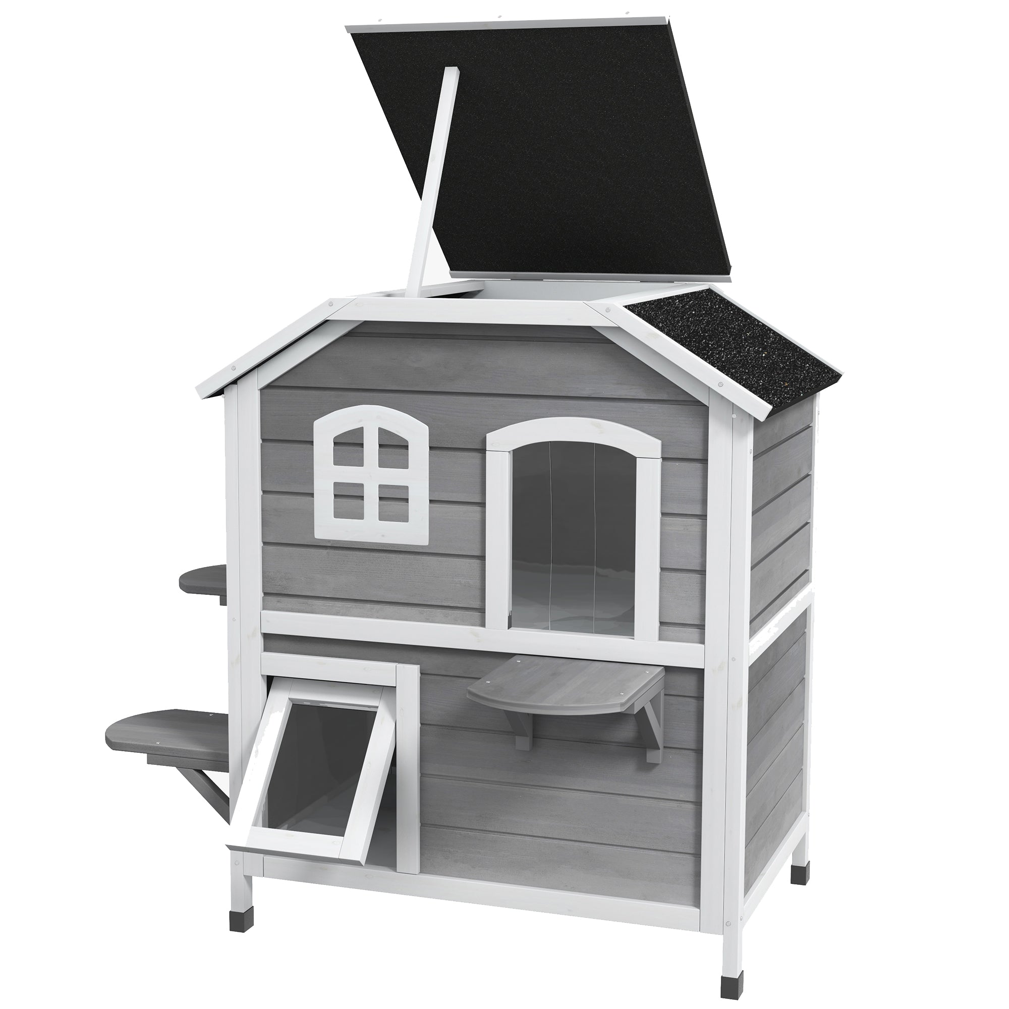 PawHut Outdoor Cat House 2-Storey Wooden Catio for Feral Cats with Openable Roof, Lounge Space, Fun Entrances, Grey