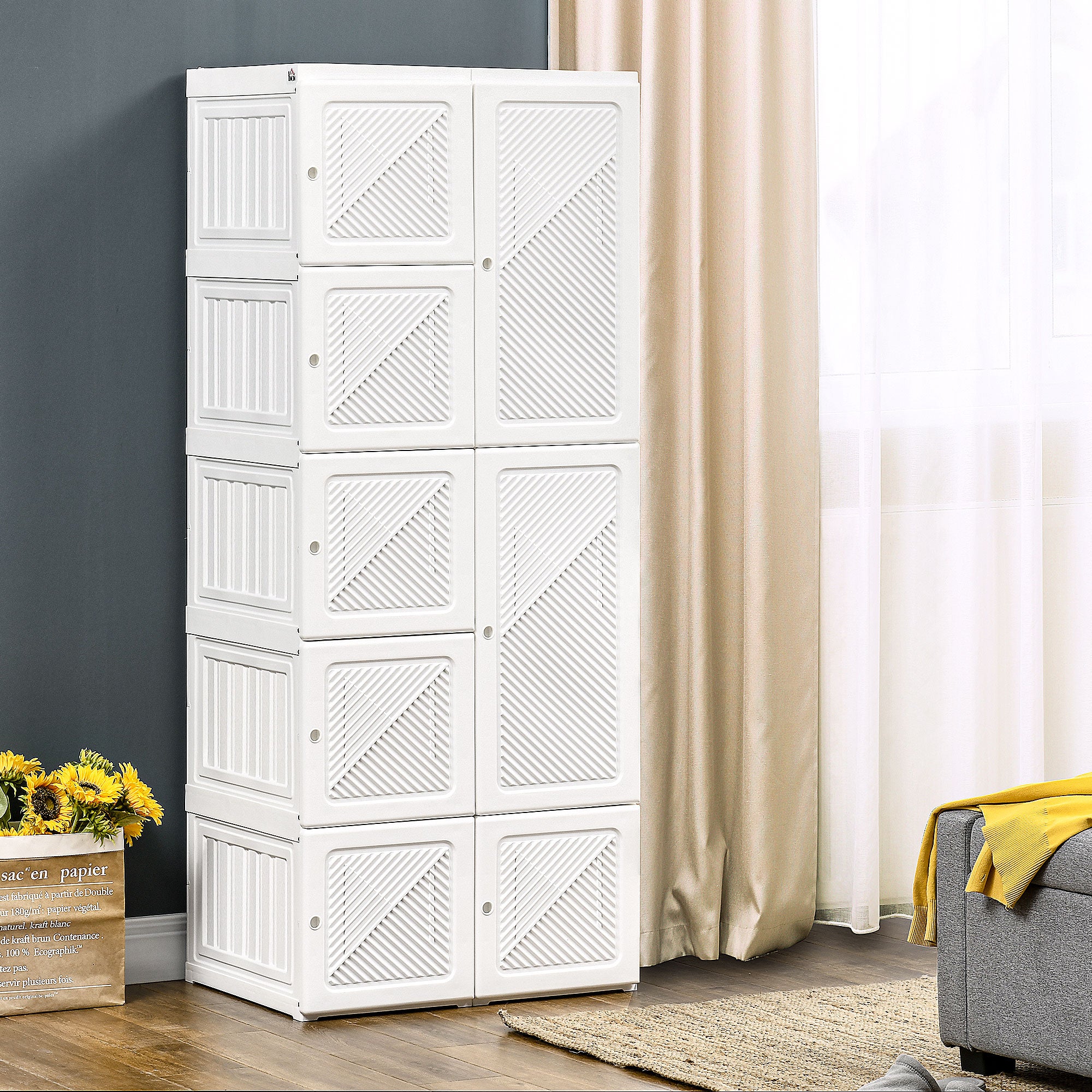 HOMCOM Portable Wardrobe Closet Cabinet Foldable Plastic Clothes Storage Organzier for Bedroom with 6 Cube Compartments & 1 Hanging Rods Magnet Doors Easy Assembly White