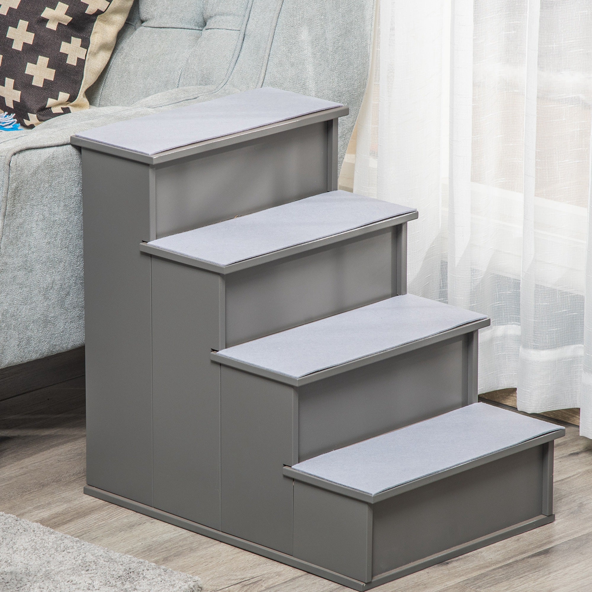 PawHut 4 Step Wooden Dog Steps Pet Stairs for Dogs, Cat Ladder for Bed Couch with Non-Slip Carpet 40 x 59 x 54.2 cm, Grey