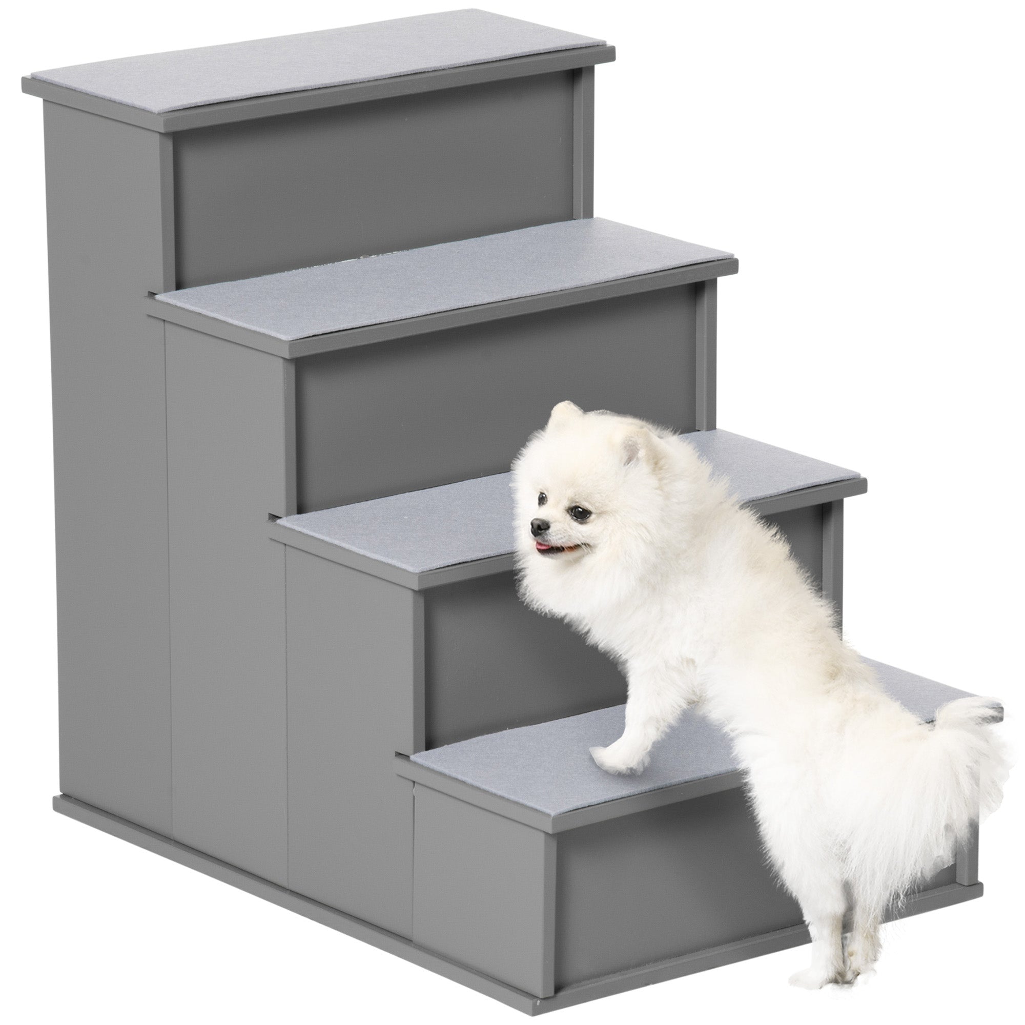 PawHut Pet Stairs Dog Steps for High Bed, 4 Levels Dog Stairs for Car, Wooden Cat Ladder with Non-Slip Carpet, 15.7" L x 23.2" W x 21.3" H, Grey