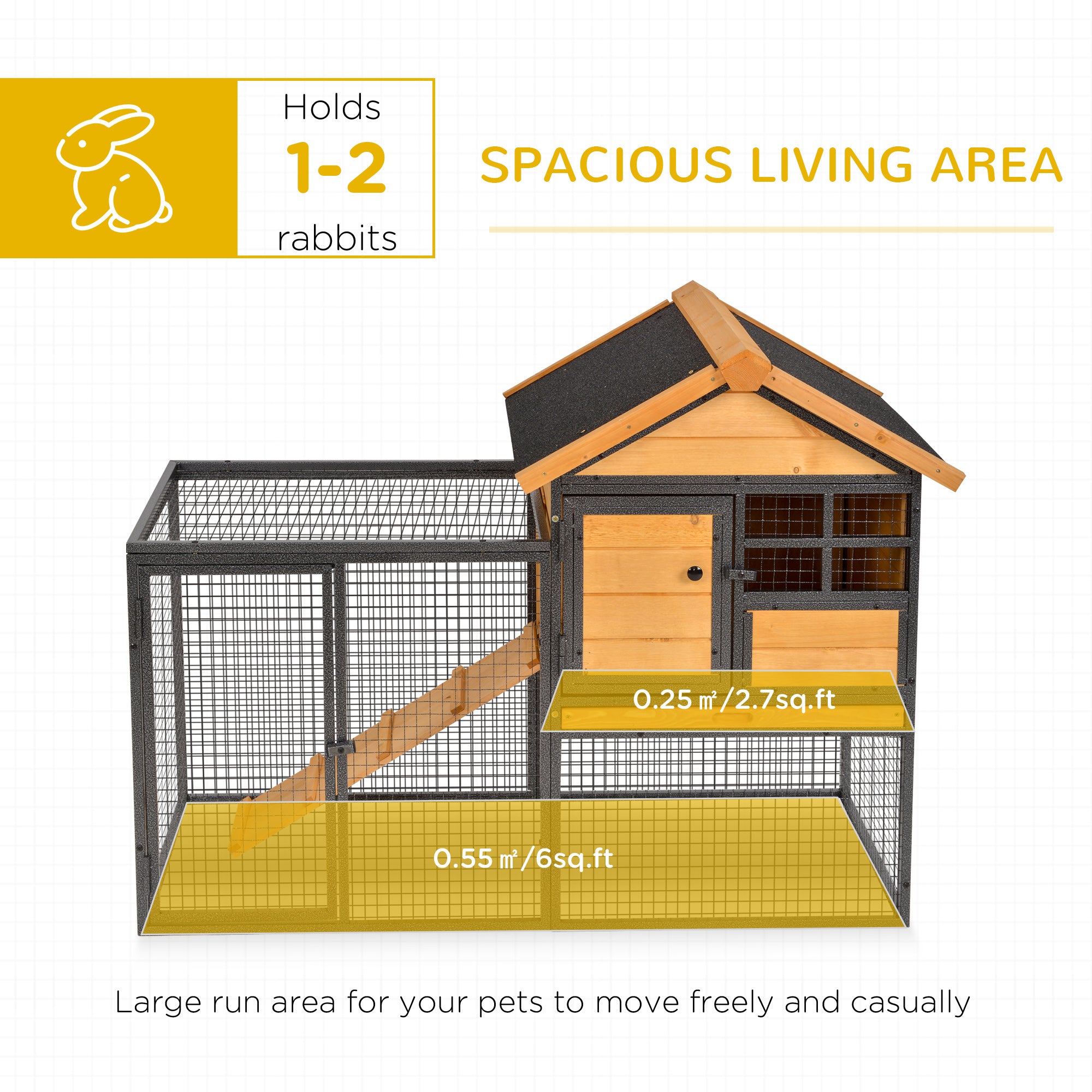 PawHut Wood-metal Pet House Elevated Rabbit Hutch Bunny Cage Small Animal Habitat with Slide-out Tray Lockable Door Water-resistant Asphalt Roof Outdoor 48