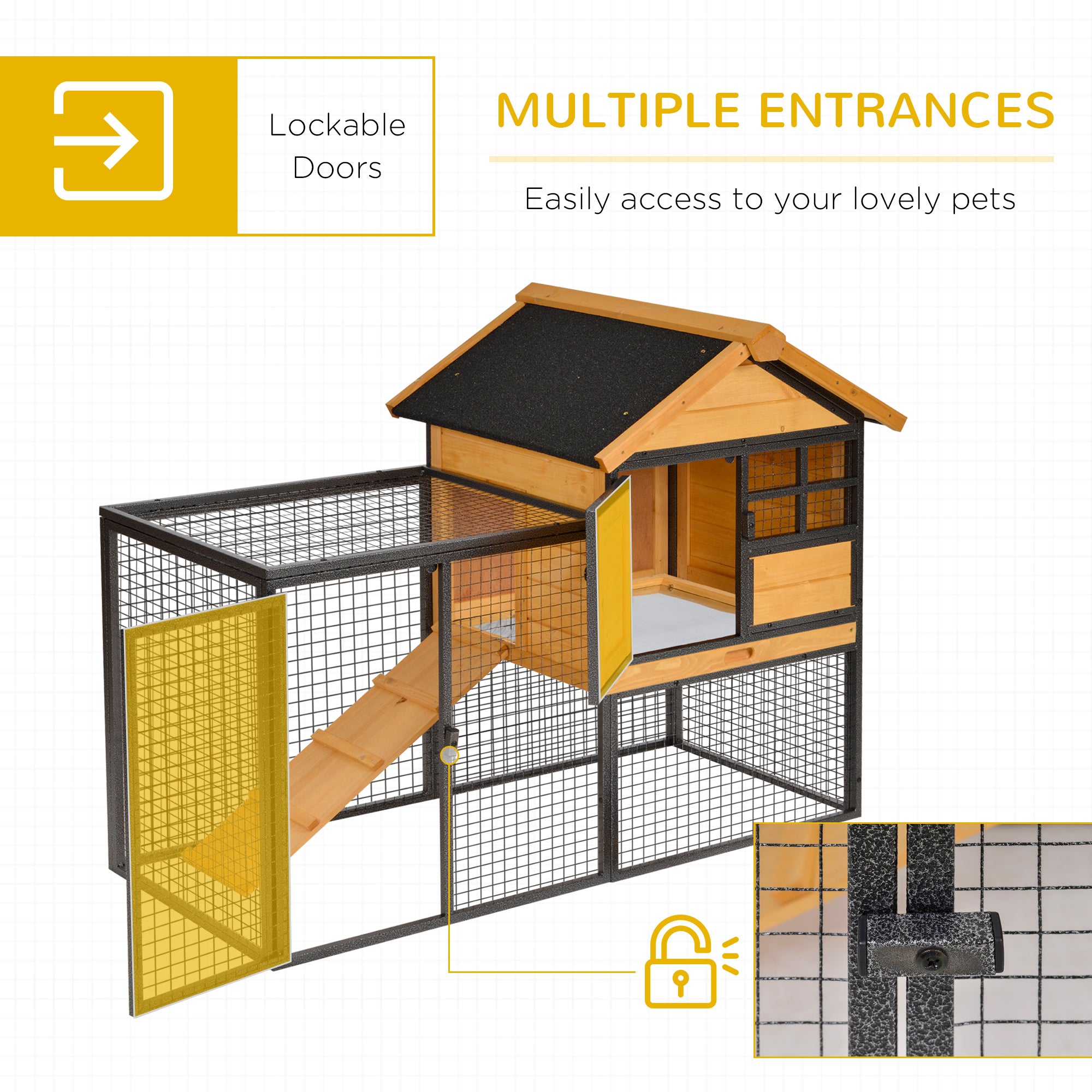 PawHut Wood-metal Pet House Elevated Rabbit Hutch Bunny Cage Small Animal Habitat with Slide-out Tray Lockable Door Water-resistant Asphalt Roof Outdoor 48"x25"x36" Light Yellow