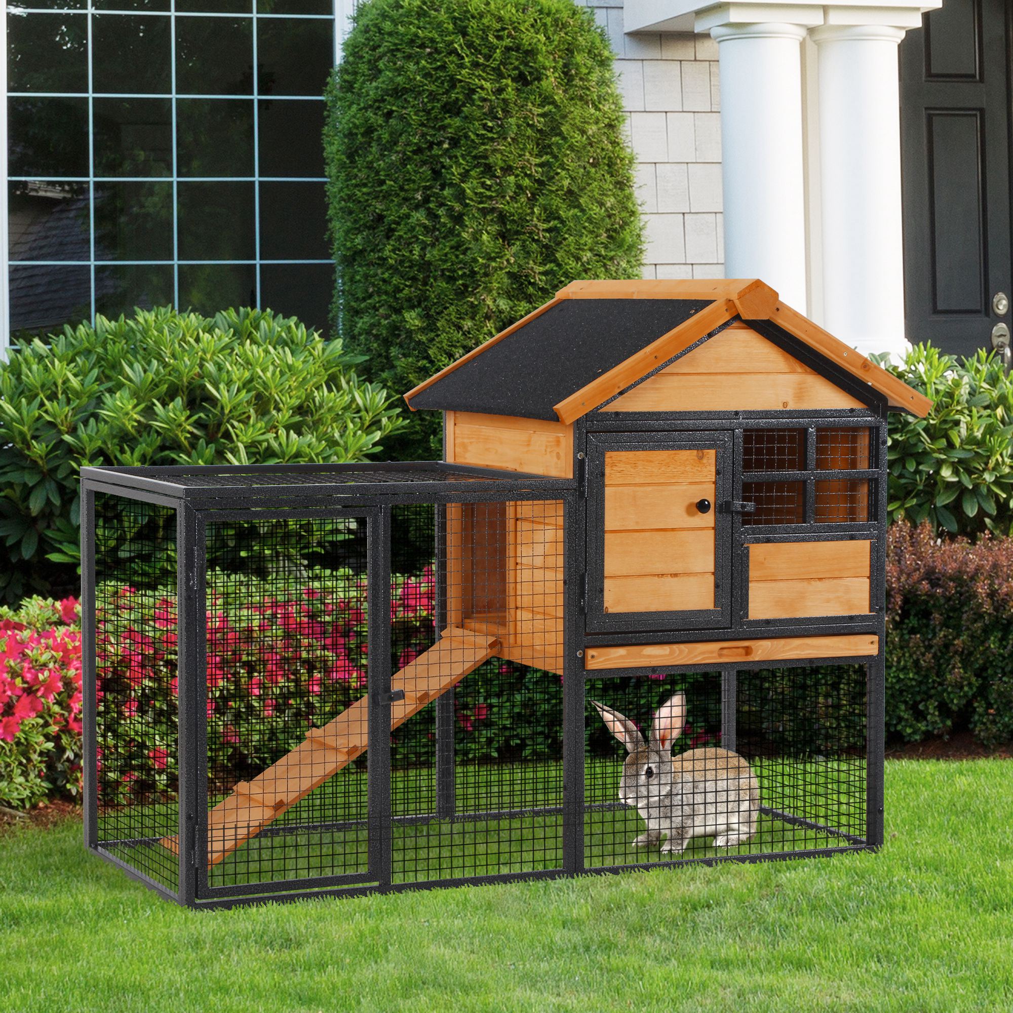 PawHut Wood-metal Pet House Elevated Rabbit Hutch Bunny Cage Small Animal Habitat with Slide-out Tray Lockable Door Water-resistant Asphalt Roof Outdoor 48"x25"x36" Light Yellow