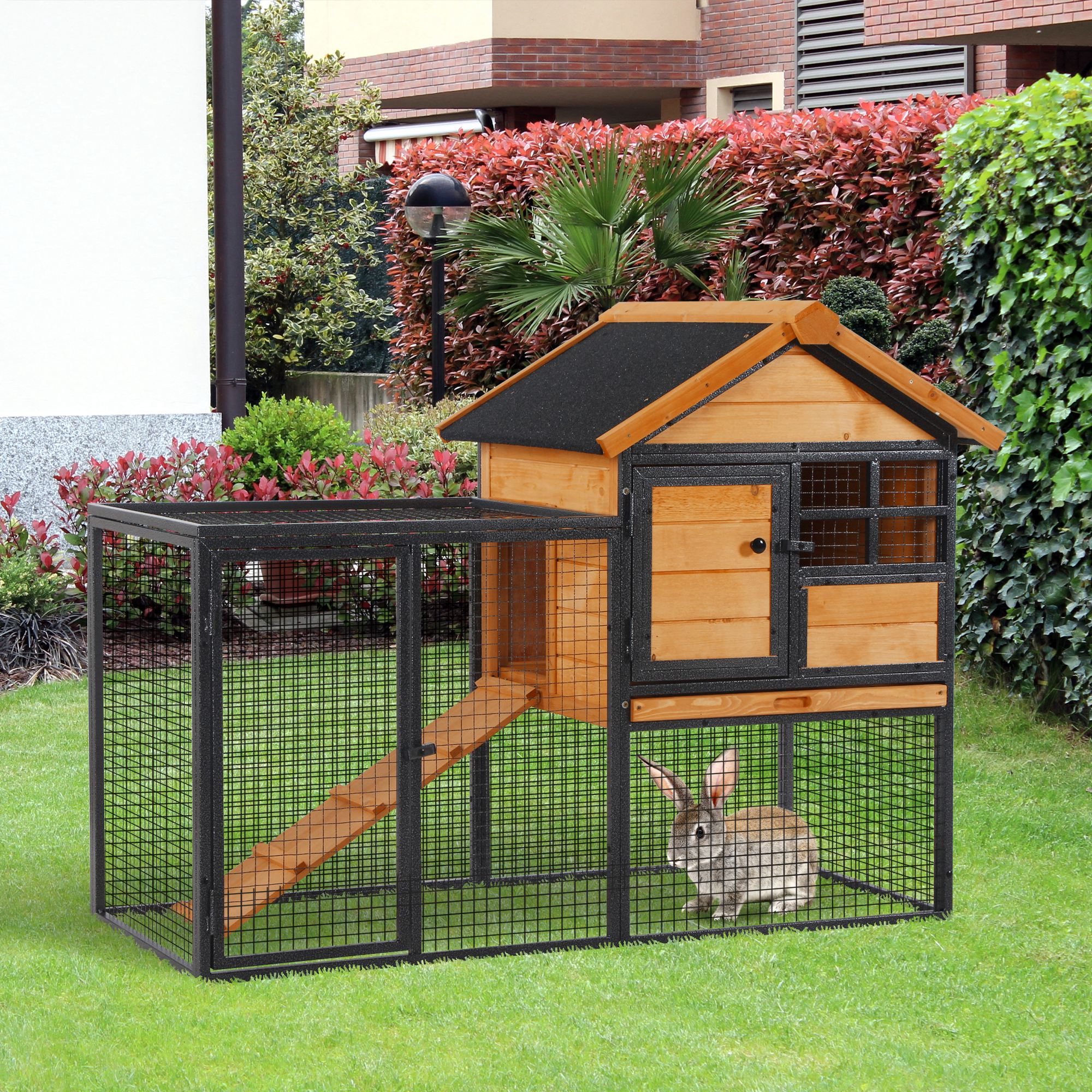 PawHut Wood-metal Pet House Elevated Rabbit Hutch Bunny Cage Small Animal Habitat with Slide-out Tray Lockable Door Water-resistant Asphalt Roof Outdoor 48