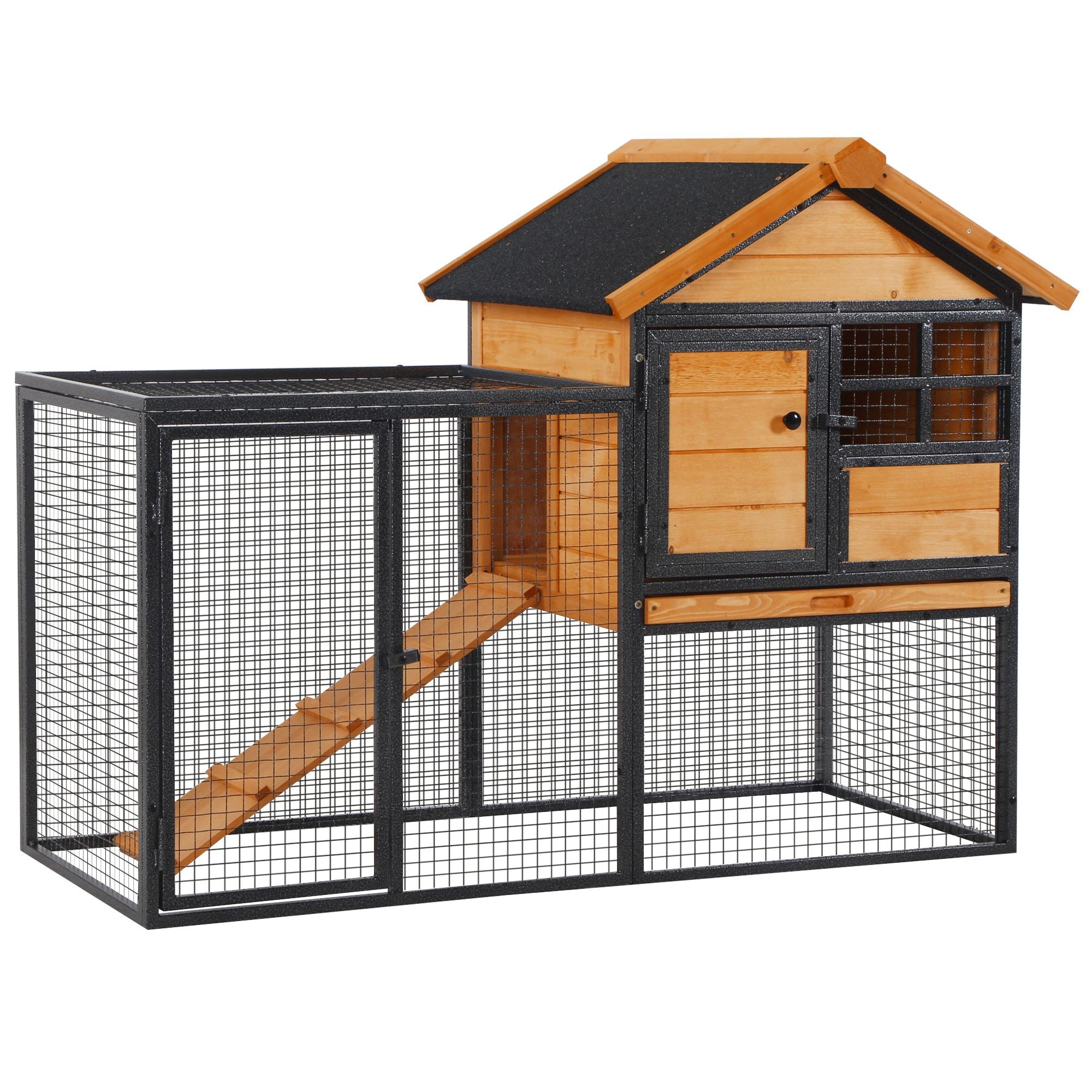 PawHut Wood-metal Pet House Elevated Rabbit Hutch Bunny Cage Small Animal Habitat with Slide-out Tray Lockable Door Water-resistant Asphalt Roof Outdoor 48"x25"x36" Light Yellow
