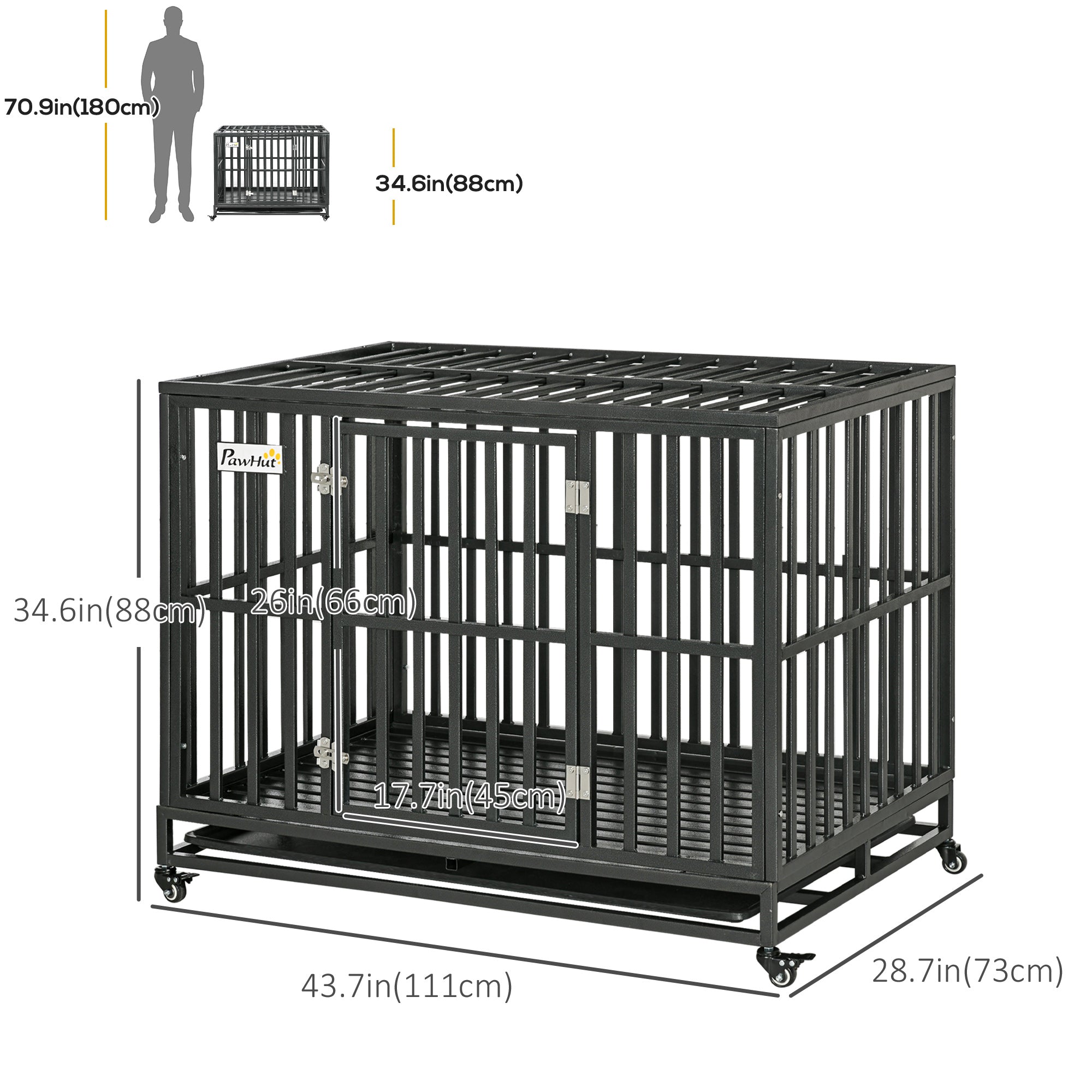 PawHut Heavy Duty Steel Dog Crate Kennel Pet Cage with Wheels for Portability and a Door for Convenient Access Anti-Pinching Floor, 43.7" L x 28.7" W x 34.6"H, Black