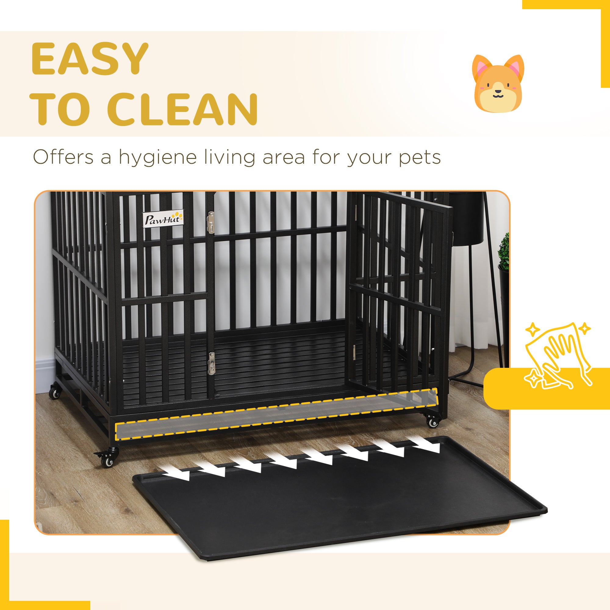 PawHut Heavy Duty Steel Dog Crate Kennel Pet Cage with Wheels for Portability and a Door for Convenient Access Anti-Pinching Floor, 43.7" L x 28.7" W x 34.6"H, Black