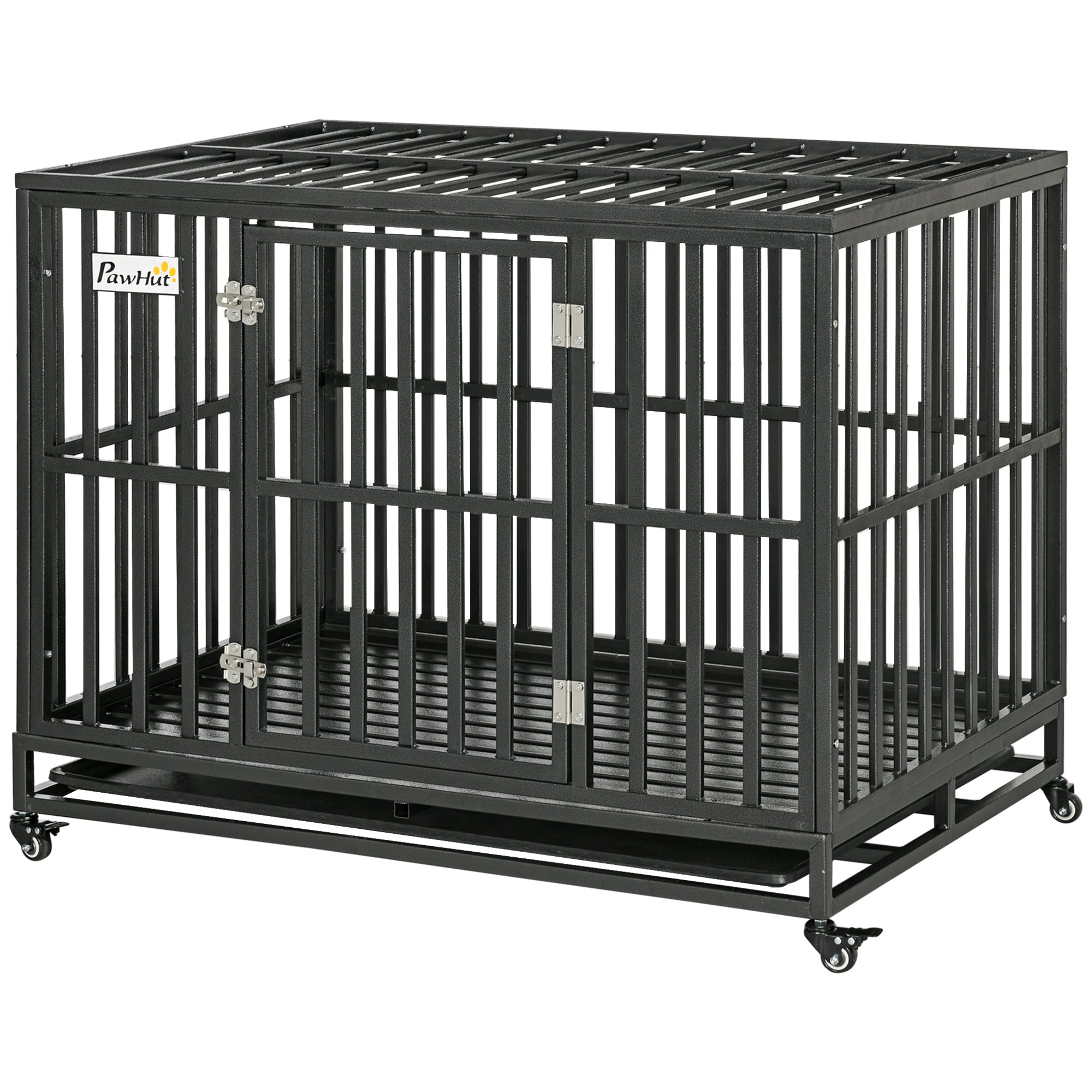 PawHut Heavy Duty Steel Dog Crate Kennel Pet Cage with Wheels for Portability and a Door for Convenient Access Anti-Pinching Floor, 43.7" L x 28.7" W x 34.6"H, Black