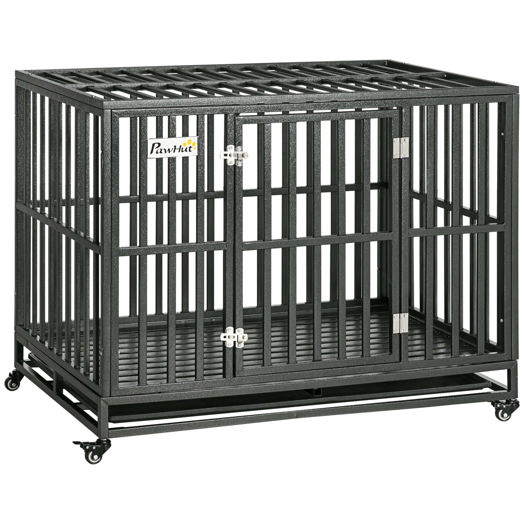 PawHut Heavy Duty Steel Dog Crate Kennel Pet Cage with Wheels for Portability and a Door for Convenient Access Anti-Pinching Floor, 43.7" L x 28.7" W x 34.6"H, Black