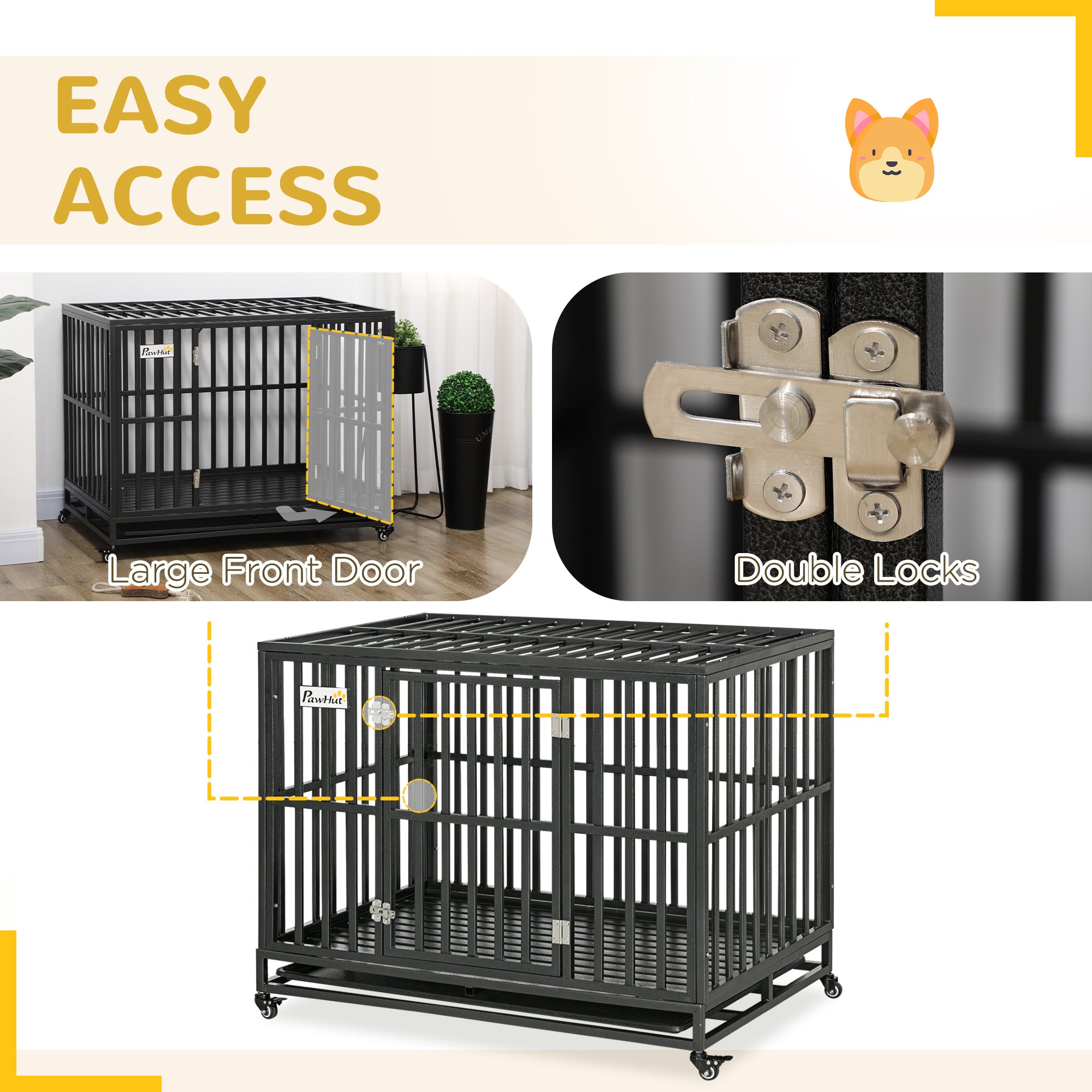PawHut Heavy Duty Steel Dog Crate Kennel Pet Cage with Wheels for Portability and a Door for Convenient Access Anti-Pinching Floor, 43.7" L x 28.7" W x 34.6"H, Black
