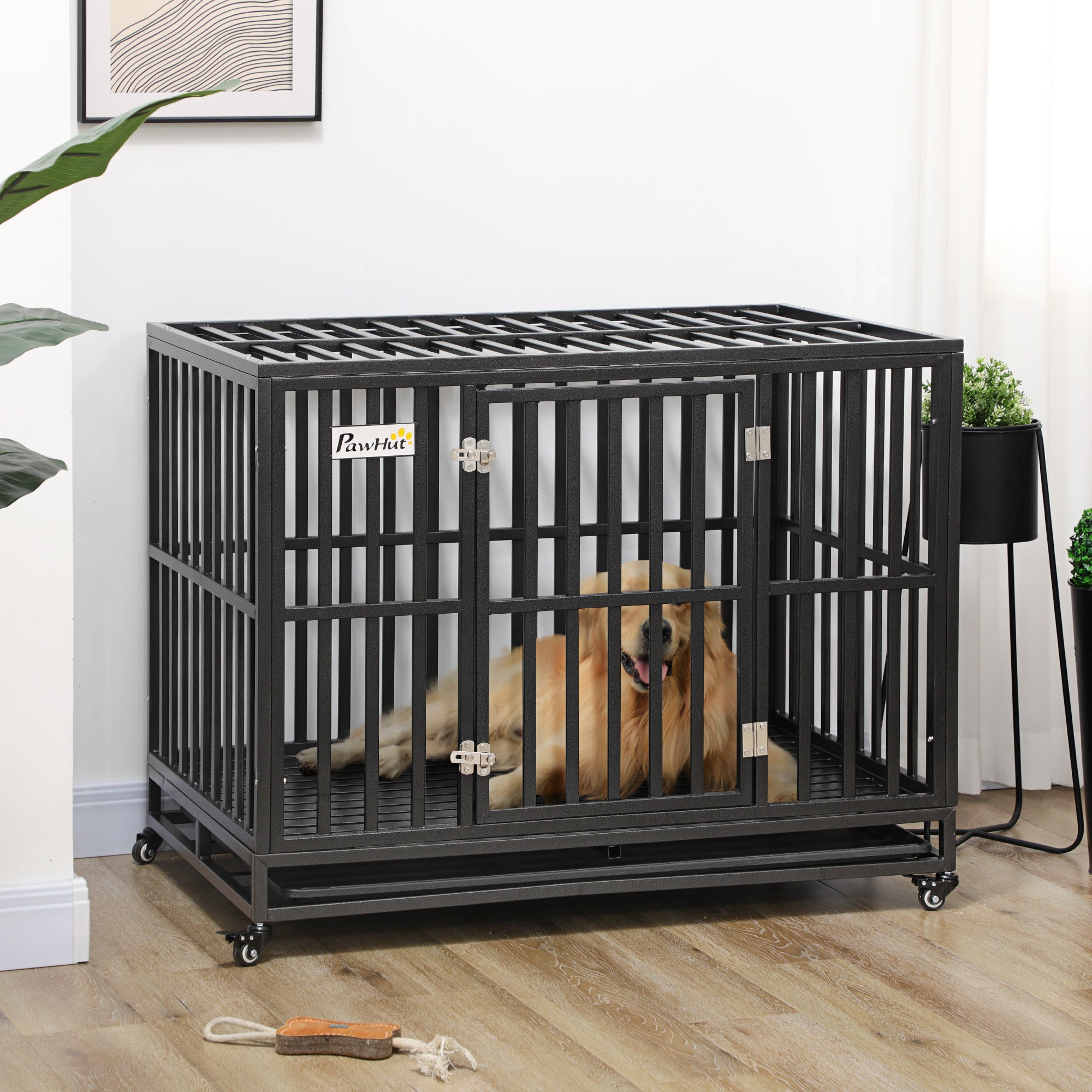 PawHut Heavy Duty Steel Dog Crate Kennel Pet Cage with Wheels for Portability and a Door for Convenient Access Anti-Pinching Floor, 43.7" L x 28.7" W x 34.6"H, Black
