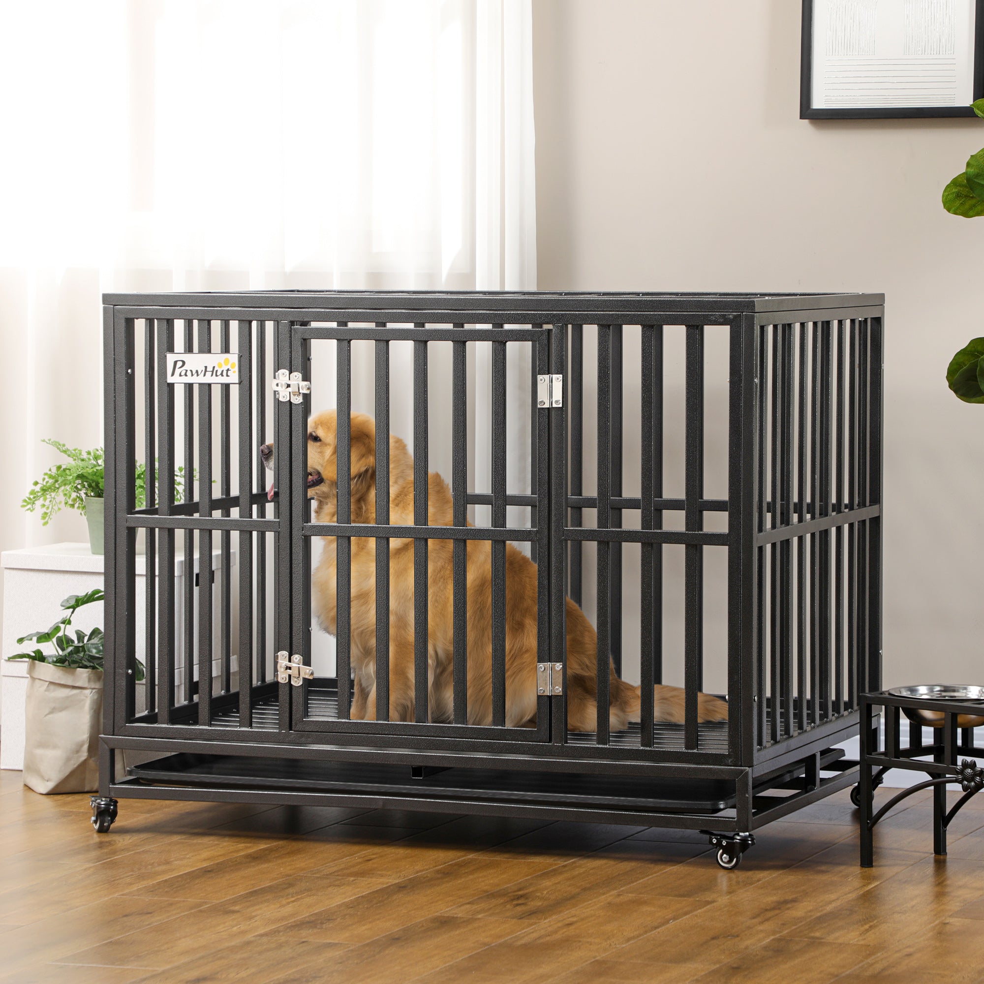 PawHut Heavy Duty Steel Dog Crate Kennel Pet Cage with Wheels for Portability and a Door for Convenient Access Anti-Pinching Floor, 43.7" L x 28.7" W x 34.6"H, Black