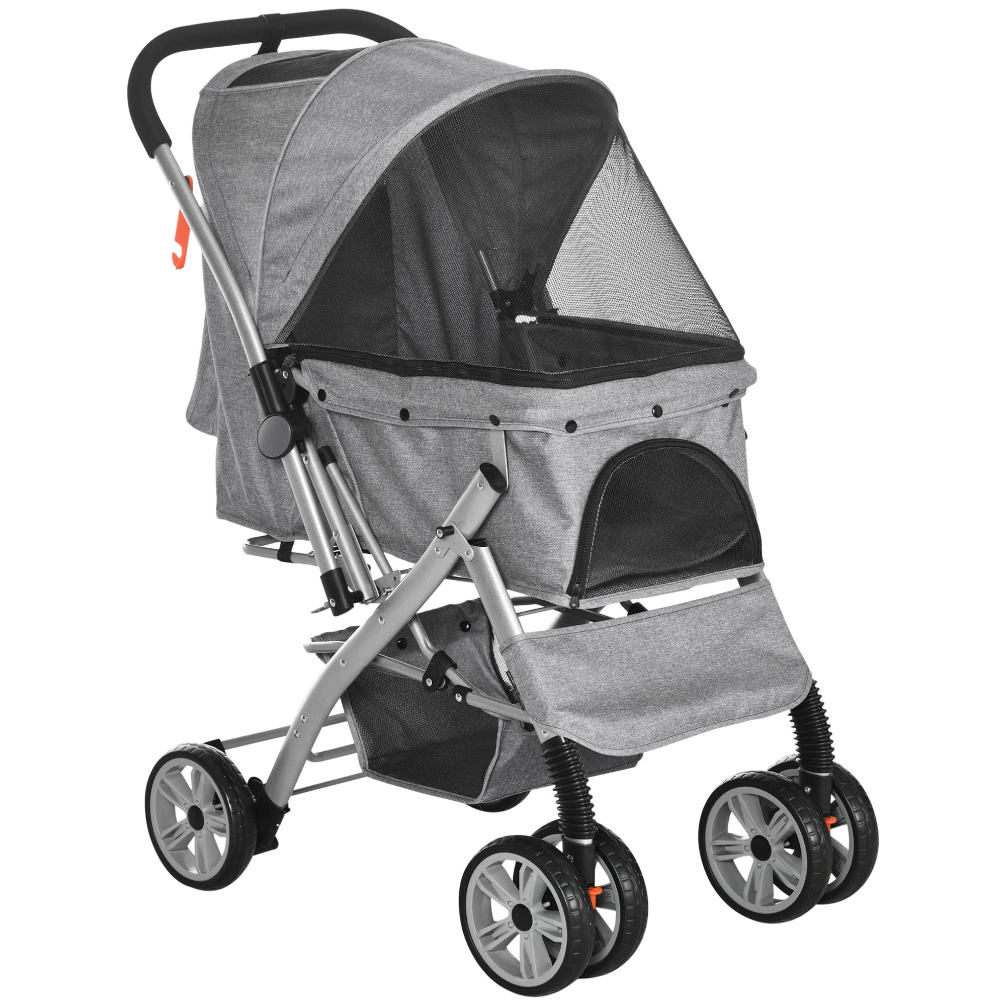 PawHut 4 Wheels Pet Stroller w/ Reversible Handle, Foldable Dog Cat Travel Carriage w/ EVA Wheels Basket Storage Bag 3-stage Canopy Grey