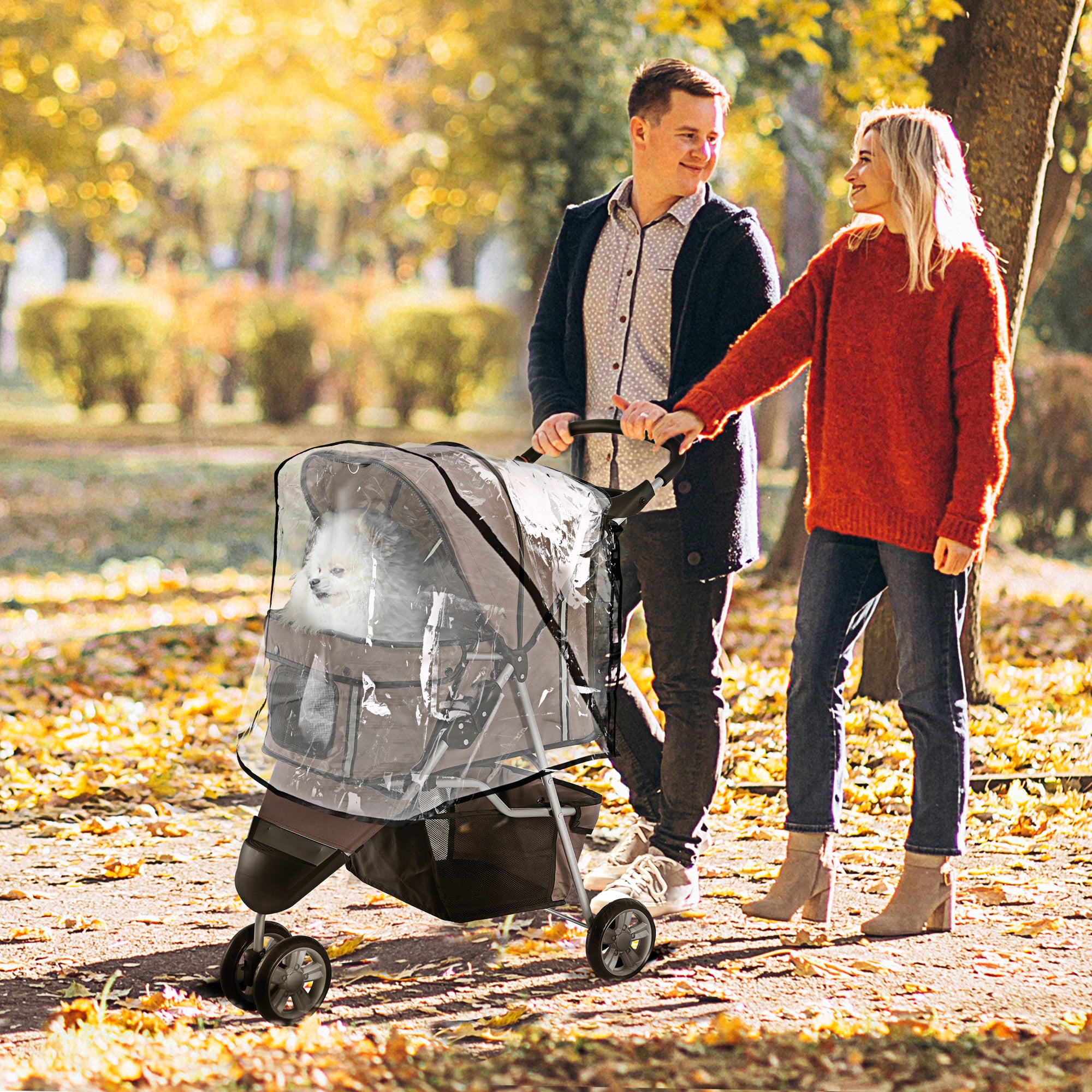 PawHut Dog Stroller with Cover for Small Miniature Dogs, Folding Cat Pram Dog Pushchair with Cup Holder, Storage Basket, Reflective Strips, Brown