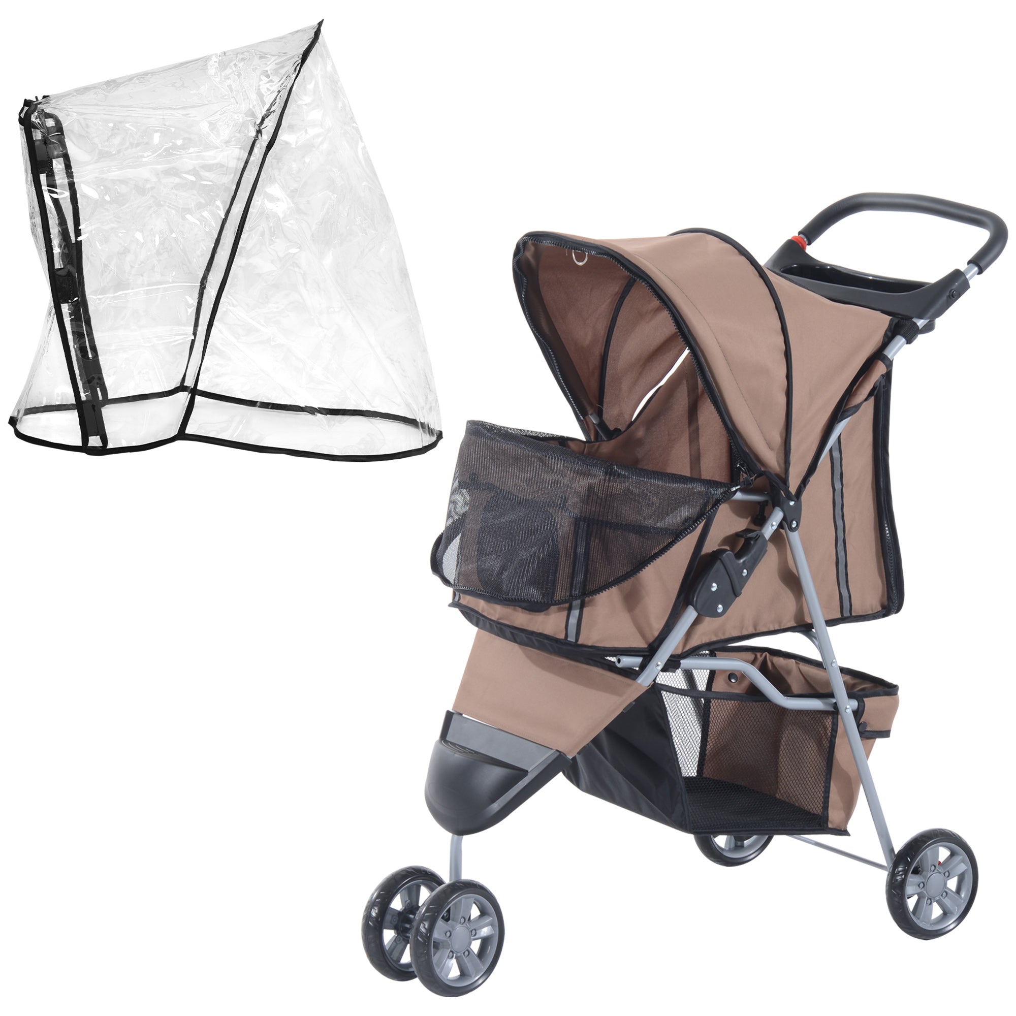 PawHut Dog Stroller with Cover for Small Miniature Dogs, Folding Cat Pram Dog Pushchair with Cup Holder, Storage Basket, Reflective Strips, Brown