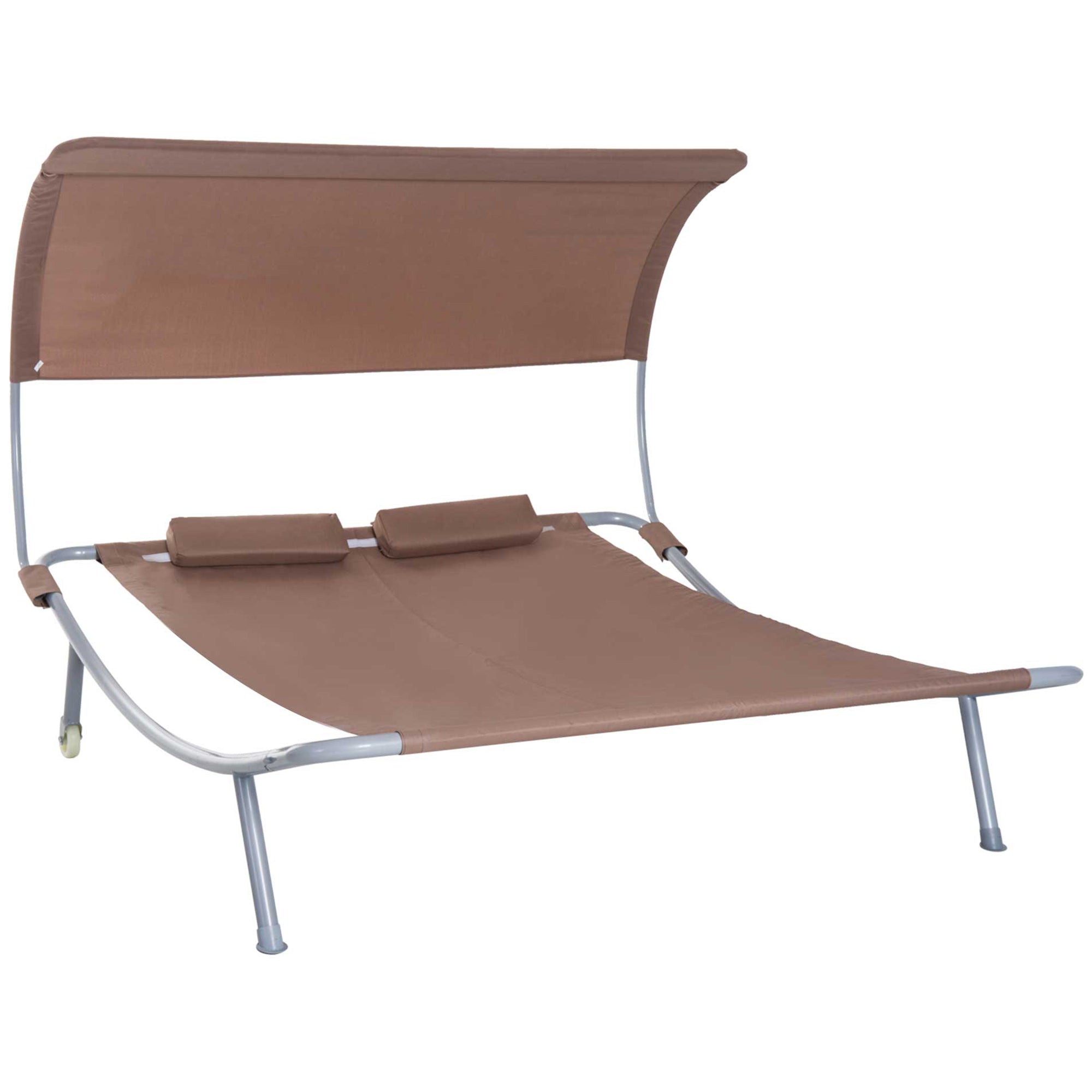 Outsunny 79" Outdoor Lounge Chair with Canopy, Double Garden Chaise Lounger Hammock Bed, Relaxing Sleeping Daybed w/ Pillow and Wheels, Brown