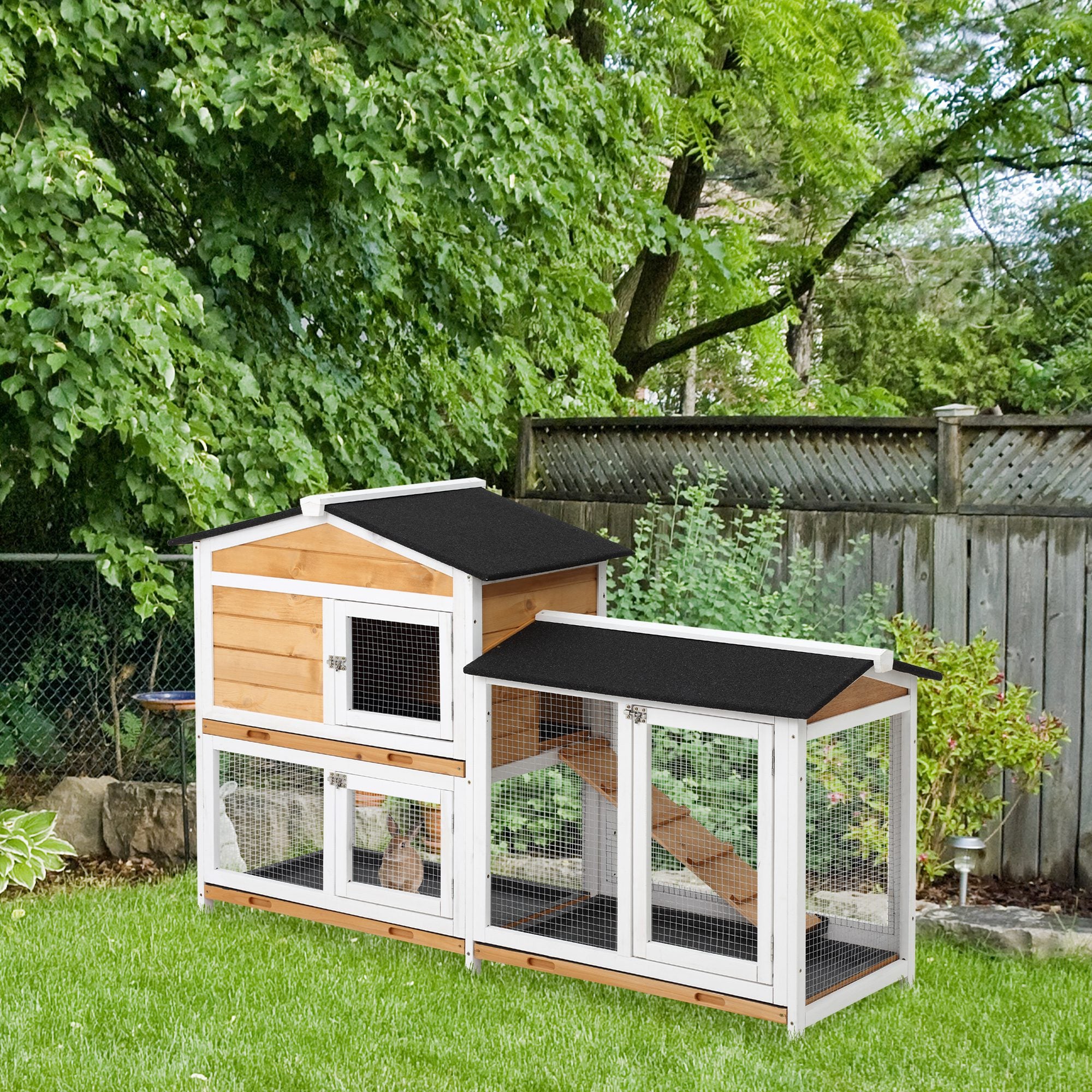 PawHut 2-tier Wood Rabbit Hutch Backyard Bunny Cage Small Animal House w/ Ramp and Outdoor Run, Yellow