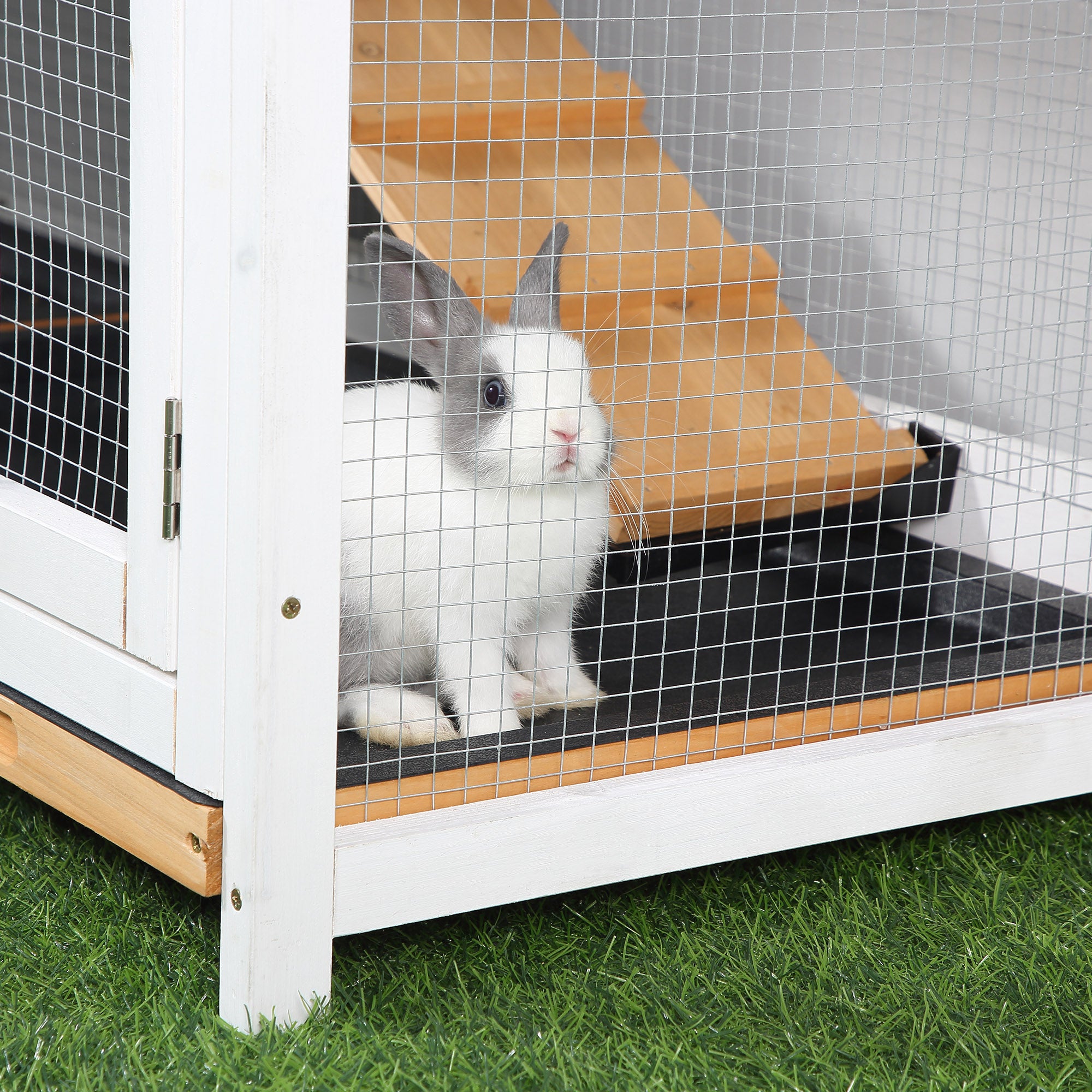 PawHut 2-tier Wood Rabbit Hutch Backyard Bunny Cage Small Animal House w/ Ramp and Outdoor Run, Yellow