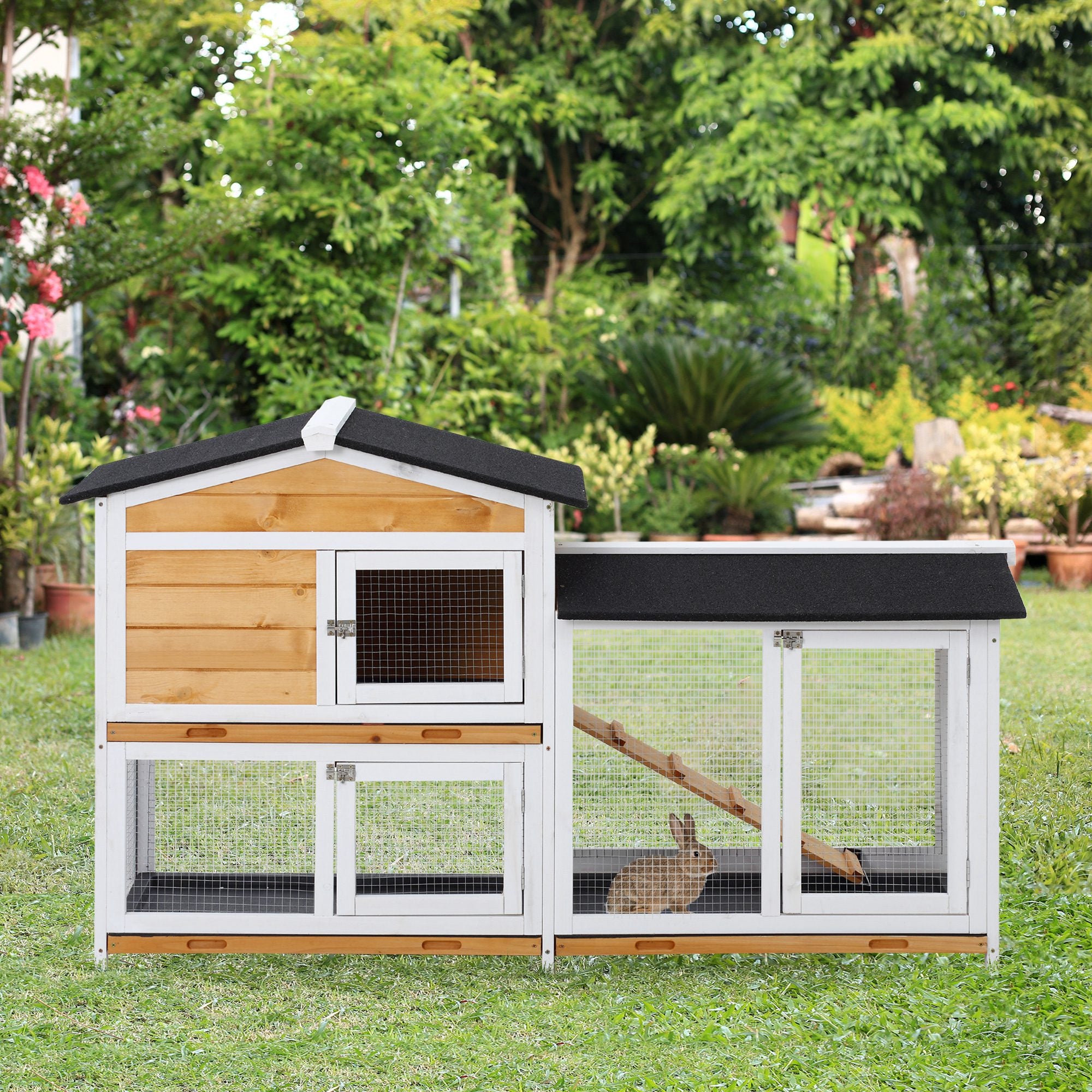 PawHut 2-tier Wood Rabbit Hutch Backyard Bunny Cage Small Animal House w/ Ramp and Outdoor Run, Yellow