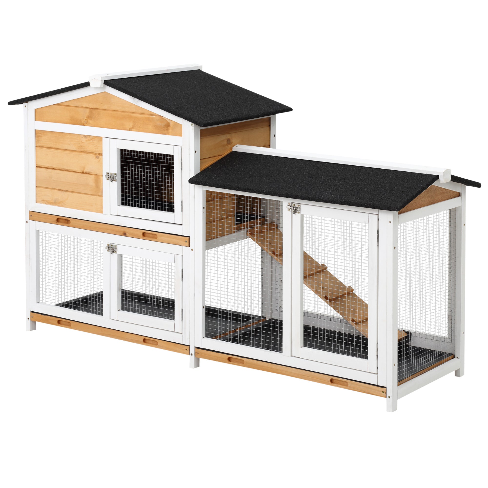 PawHut 2-tier Wood Rabbit Hutch Backyard Bunny Cage Small Animal House w/ Ramp and Outdoor Run, Yellow