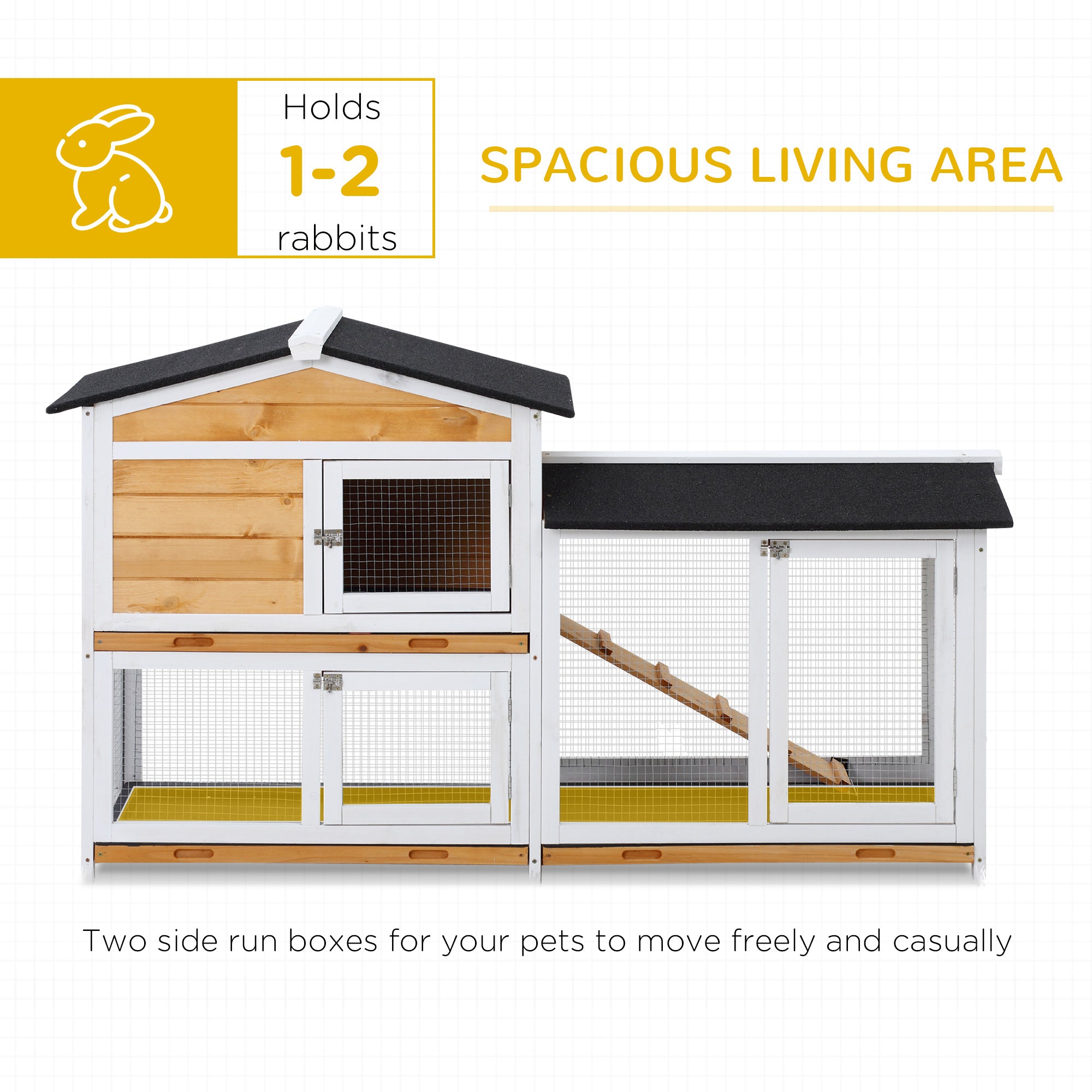 PawHut 2-tier Wood Rabbit Hutch Backyard Bunny Cage Small Animal House w/ Ramp and Outdoor Run, Yellow