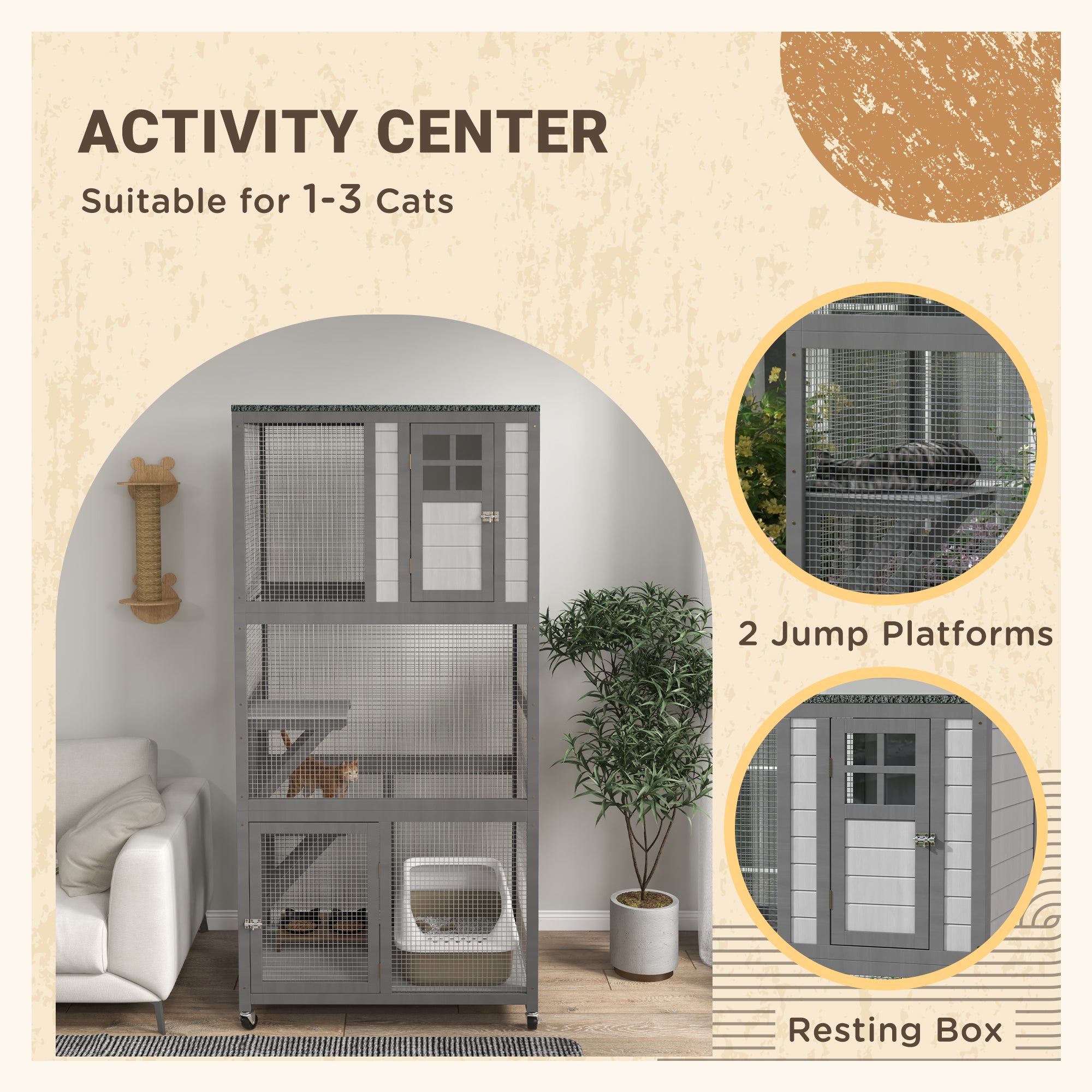PawHut 74" Wooden Outdoor Cat House Weatherproof & Wheeled, Catio Outdoor Cat Enclosure with High Weight Capacity, Kitten Cage Condo, Light Grey
