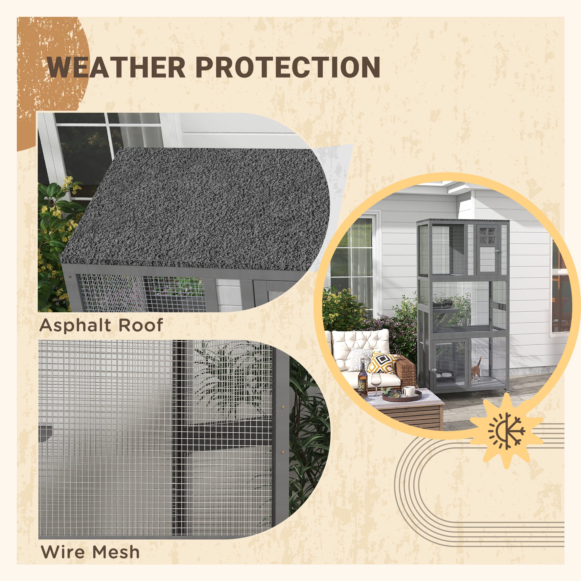 PawHut 74" Wooden Outdoor Cat House Weatherproof & Wheeled, Catio Outdoor Cat Enclosure with High Weight Capacity, Kitten Cage Condo, Light Grey