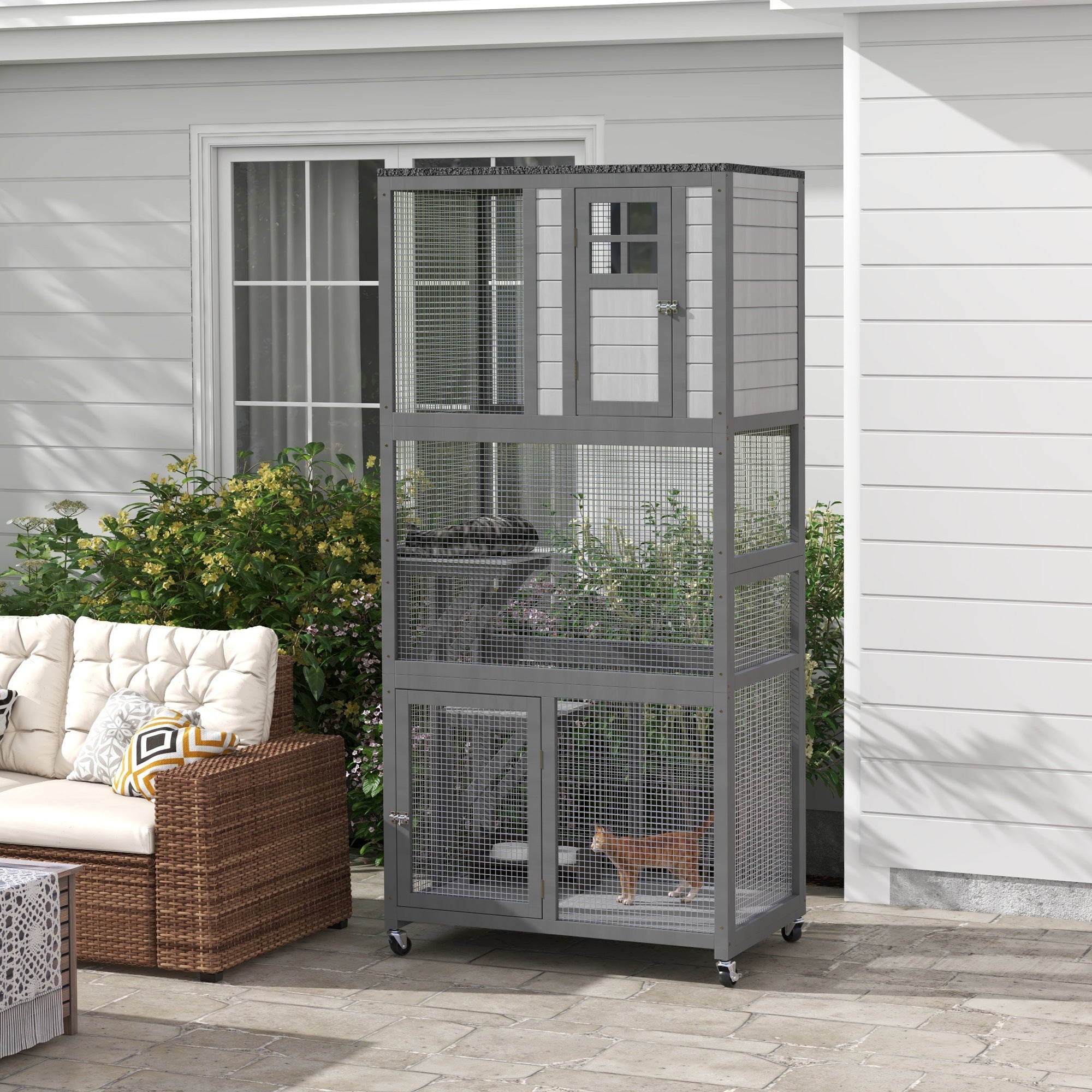 PawHut 74" Wooden Outdoor Cat House Weatherproof & Wheeled, Catio Outdoor Cat Enclosure with High Weight Capacity, Kitten Cage Condo, Light Grey