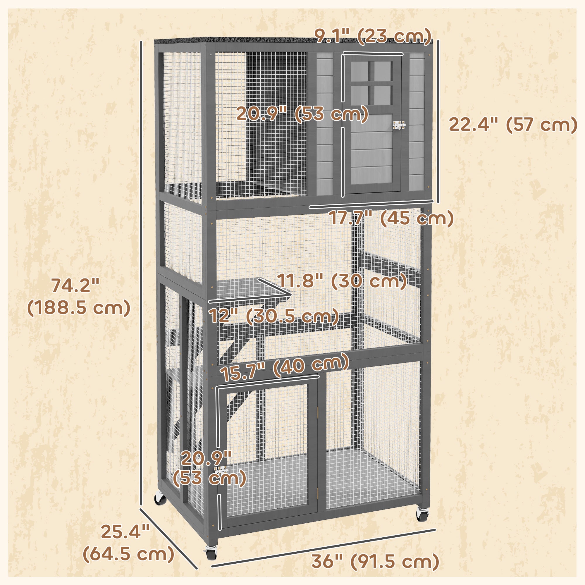 PawHut 74" Wooden Outdoor Cat House Weatherproof & Wheeled, Catio Outdoor Cat Enclosure with High Weight Capacity, Kitten Cage Condo, Light Grey