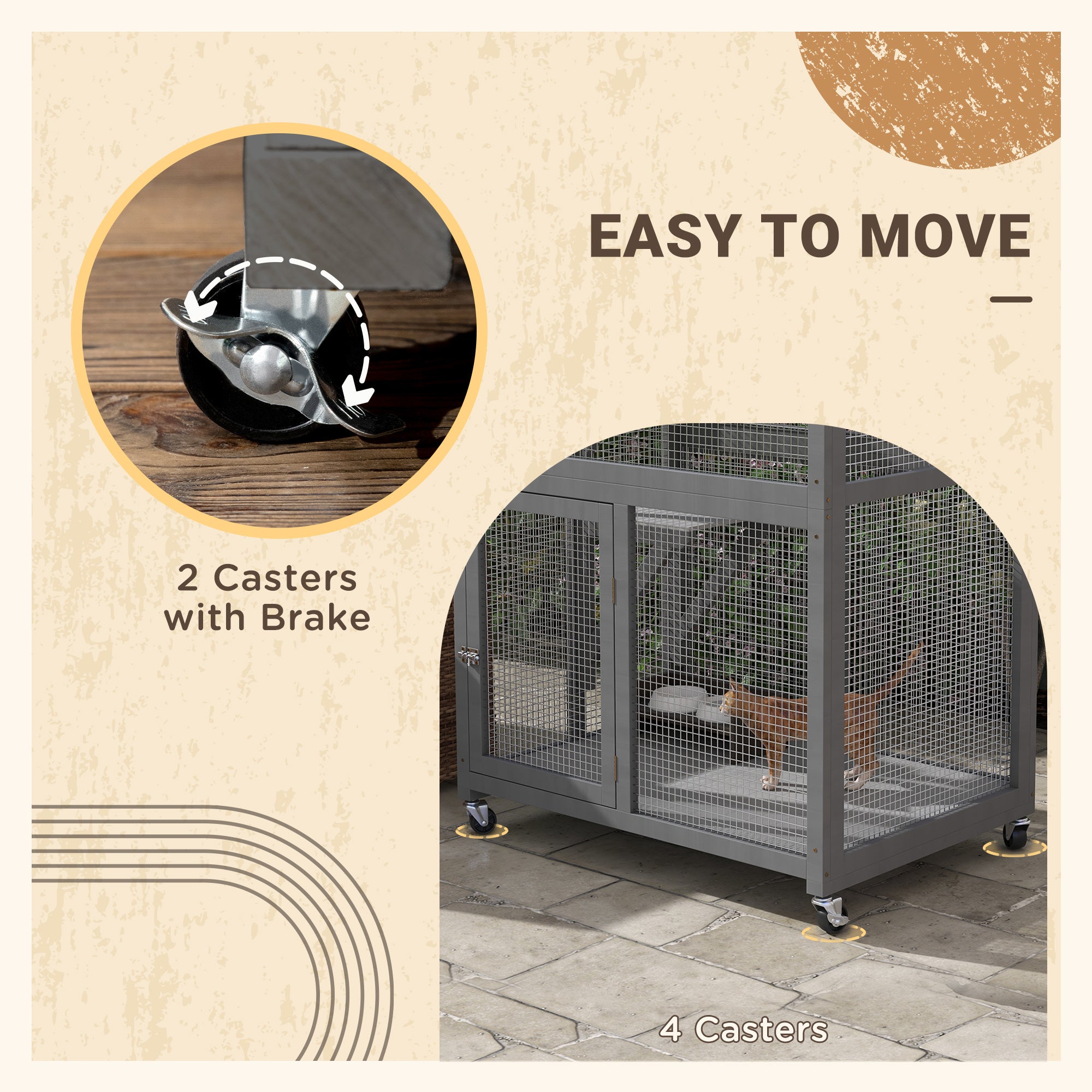 PawHut 74" Wooden Outdoor Cat House Weatherproof & Wheeled, Catio Outdoor Cat Enclosure with High Weight Capacity, Kitten Cage Condo, Light Grey